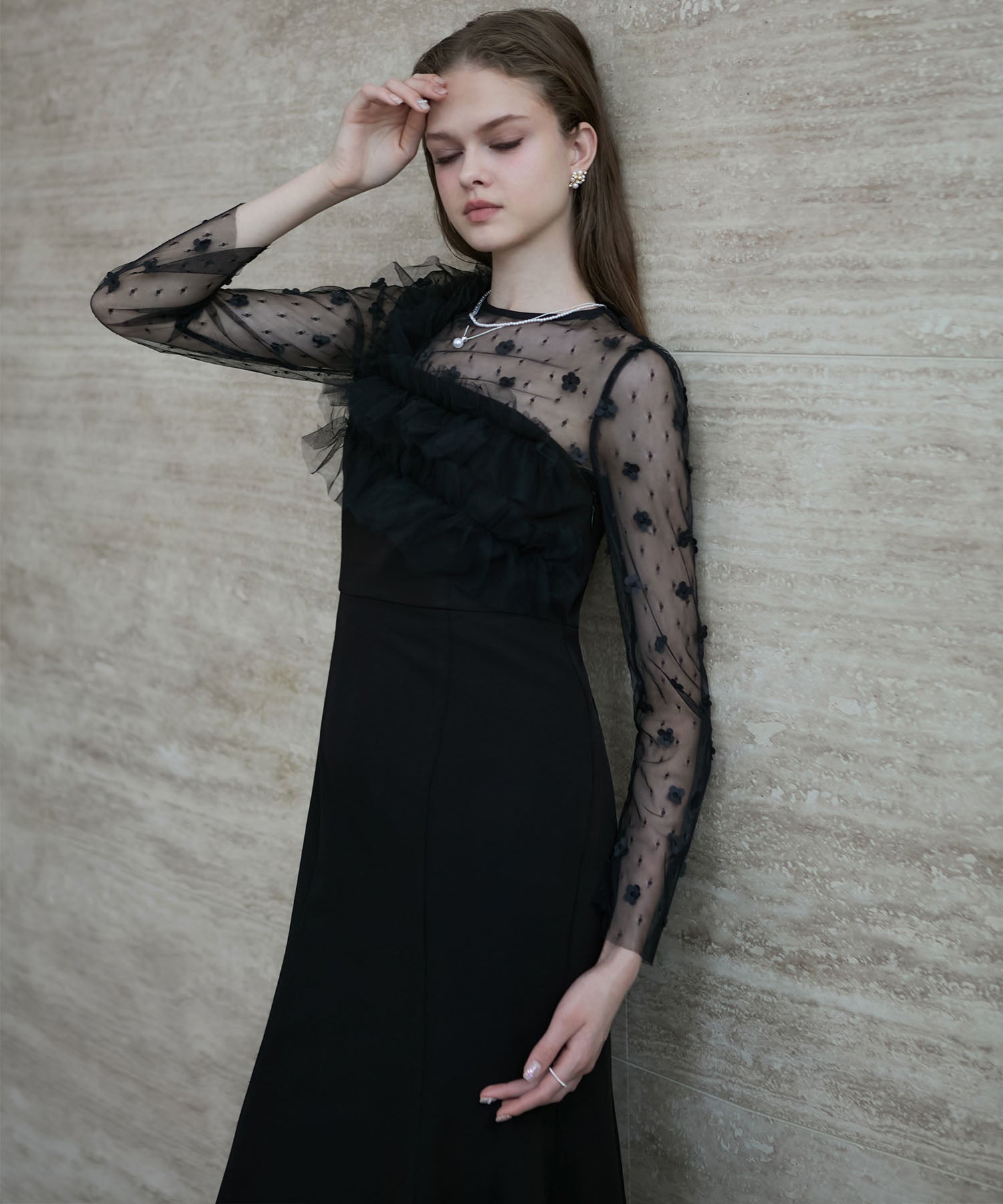 【当日発送】フラワーモチーフアシンメトリーチュールマーメイドワンピースドレス