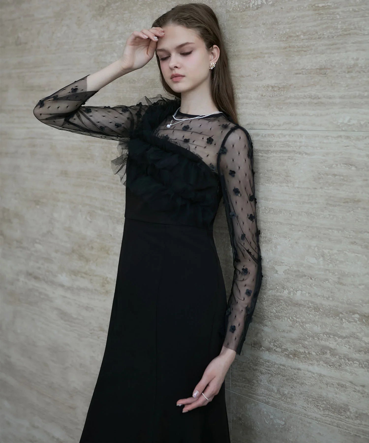 【当日発送】フラワーモチーフアシンメトリーチュールマーメイドワンピースドレス