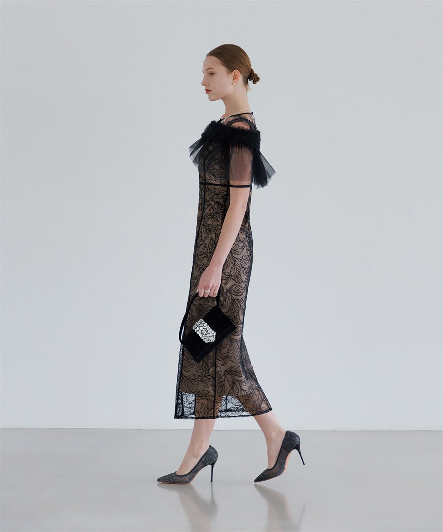 【当日発送】3WAYフラワーチュールアシンメトリーIラインワンピースドレス