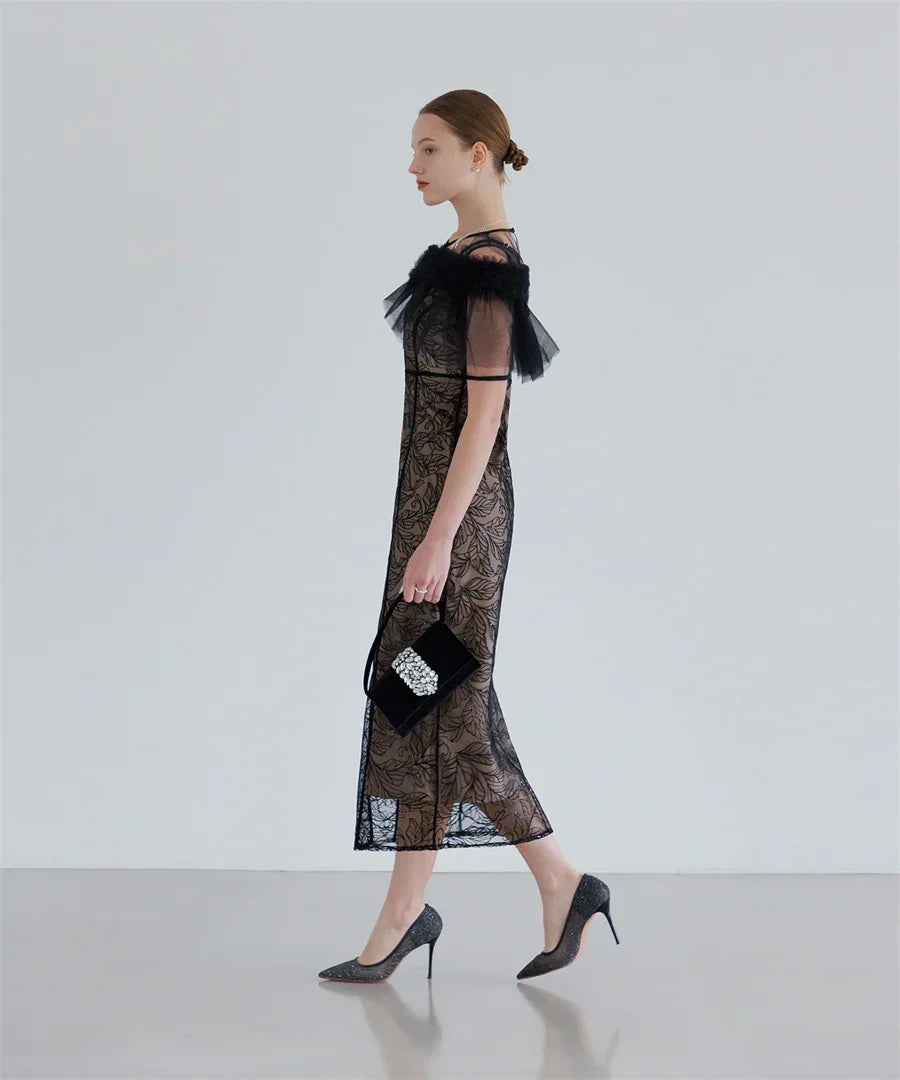 【当日発送】3WAYフラワーチュールアシンメトリーIラインワンピースドレス