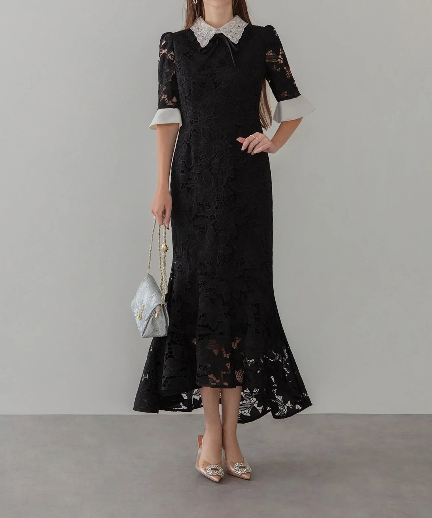 【一部当日発送】パールカラーボウタイフラワーレースフィッシュテールワンピースドレス