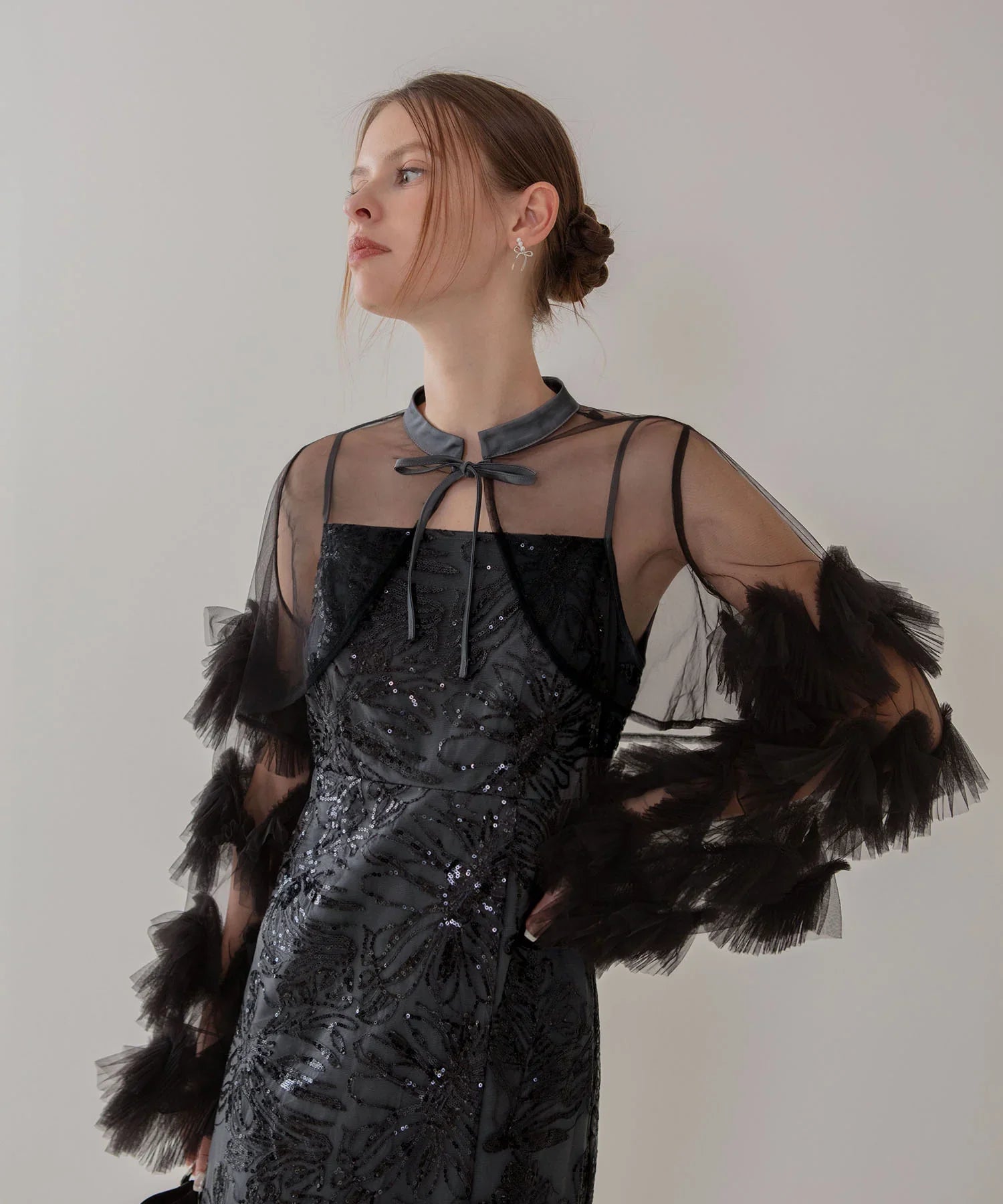 【一部当日発送】フリルチュールスリーブリボンIラインワンピースドレス