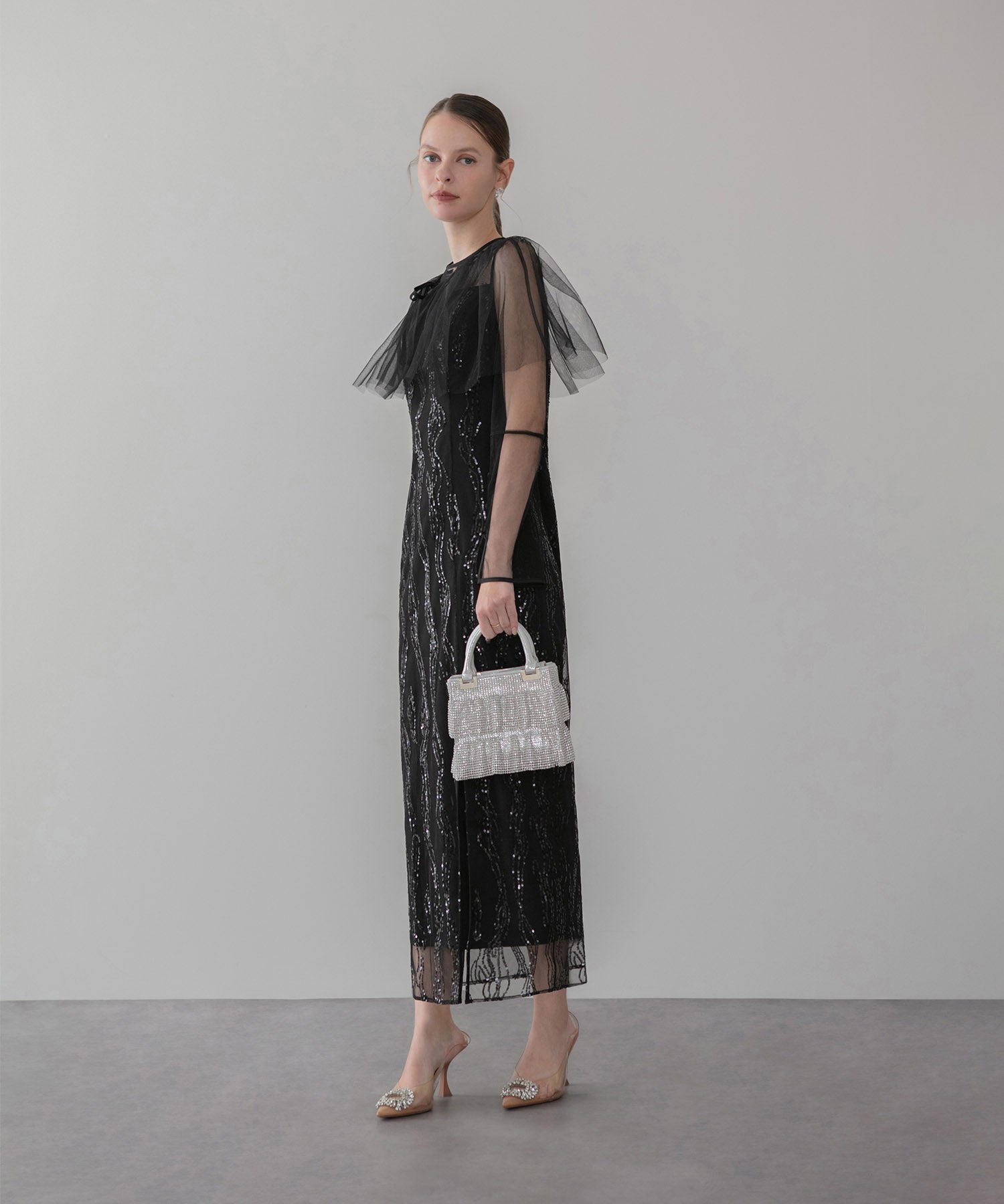 【当日発送】シアーケープスパンコールIラインワンピースドレス