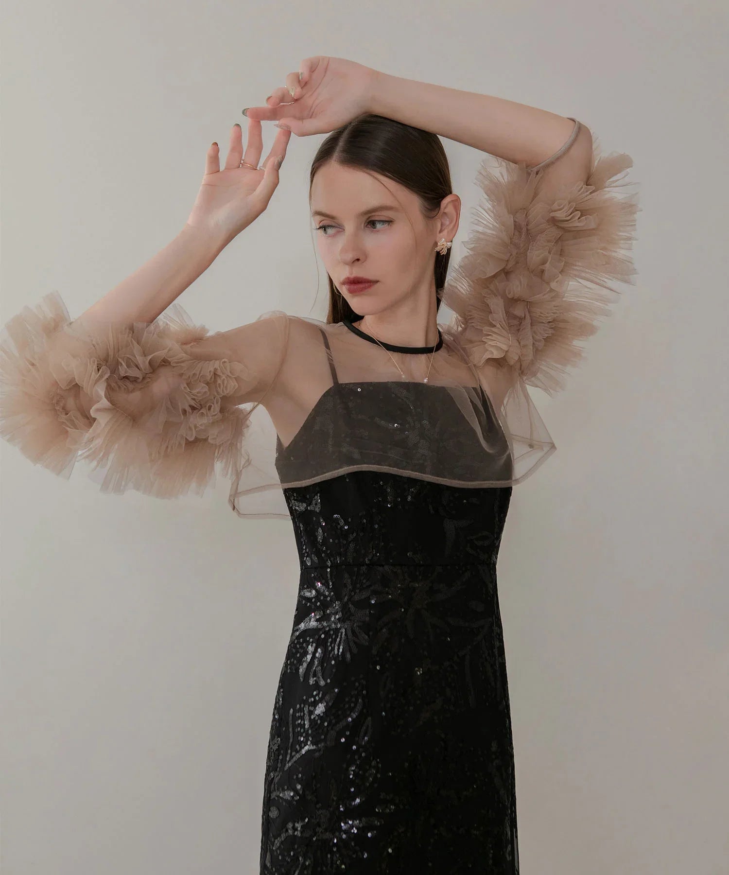 【一部当日発送】フラワースパンコールチュールフリルスリーブIラインワンピースドレス