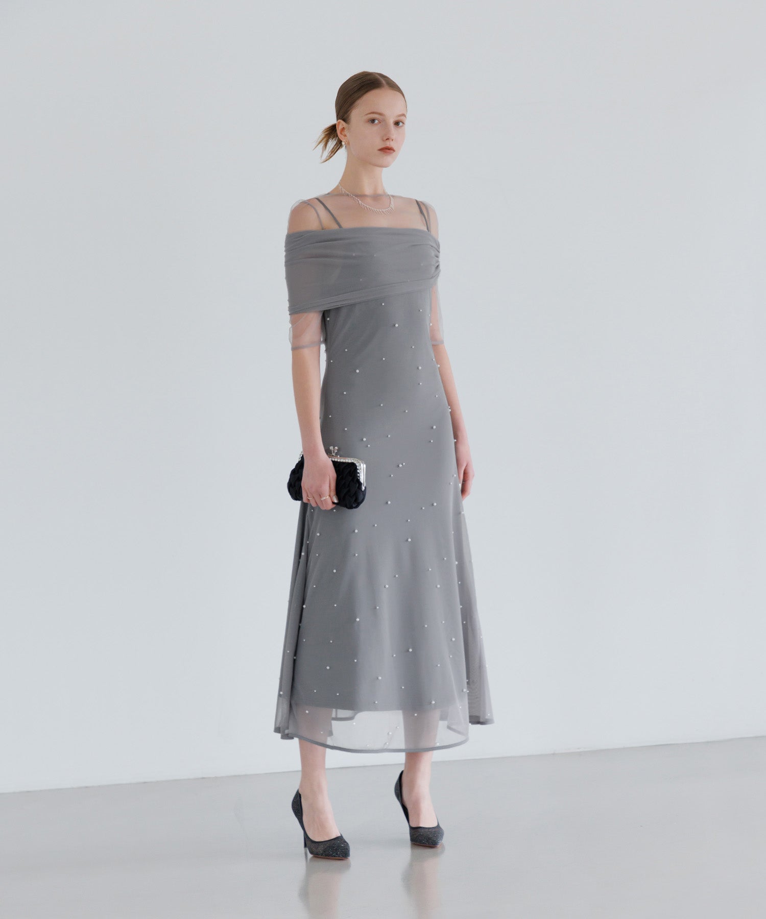 【一部当日発送】2WAYチュールトップスパールAラインワンピースドレス