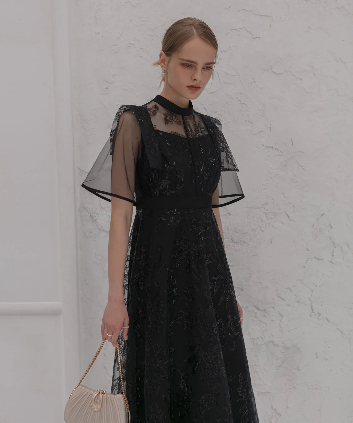 【一部当日発送】フラップデザインフラワースパンコールAラインワンピースドレス