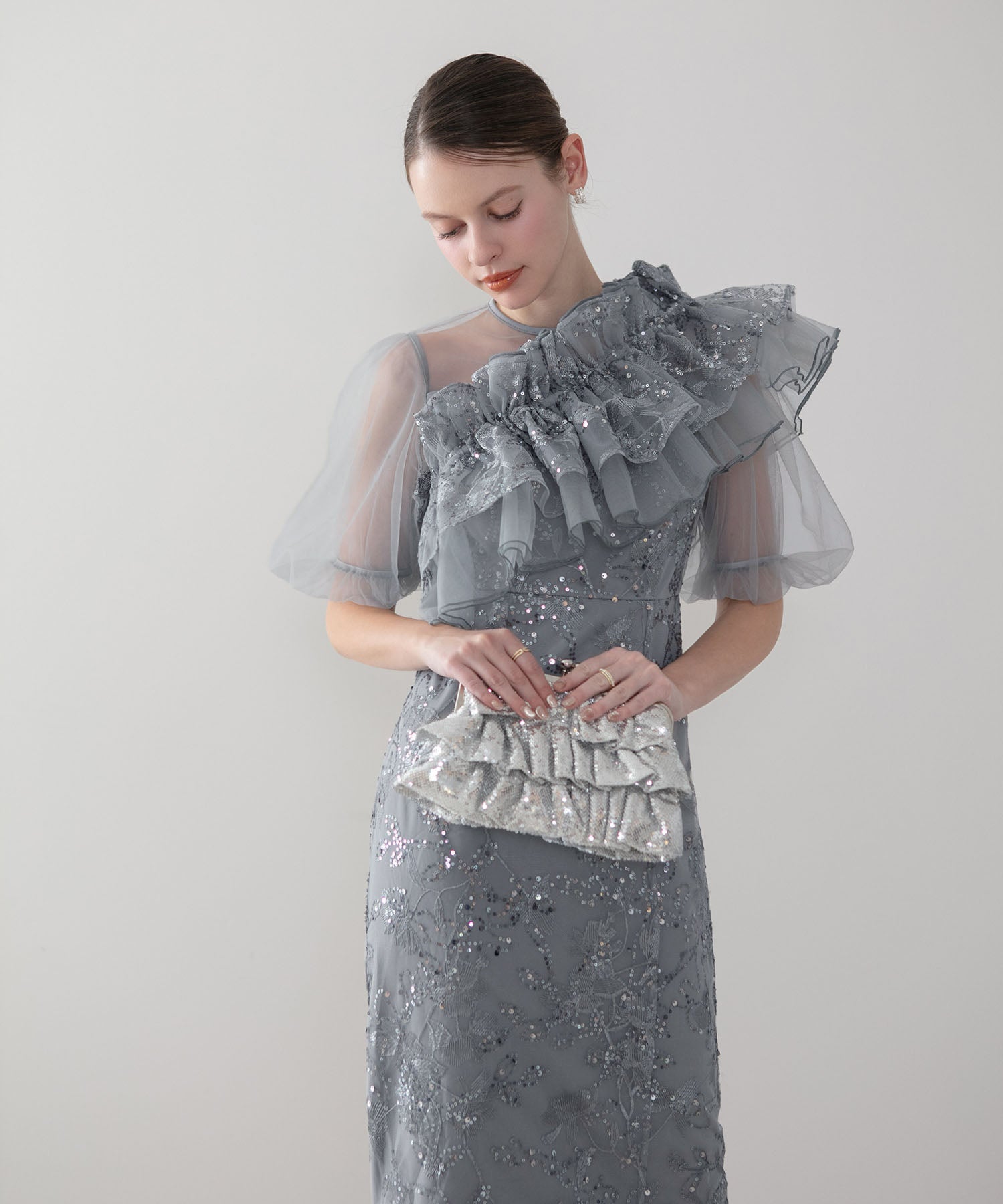 【一部当日発送】3WAYチュールラッフルフラワースパンコールIラインワンピースドレス