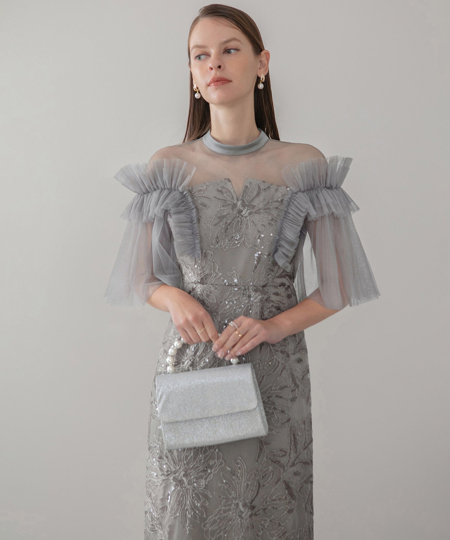 【当日発送】チュールフリルショルダーシアーIラインワンピースドレス