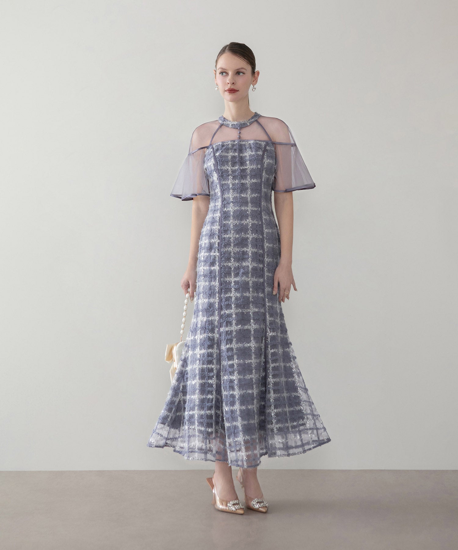 【当日発送】ラメシャギーツイードチェックフリルマーメイドワンピースドレス