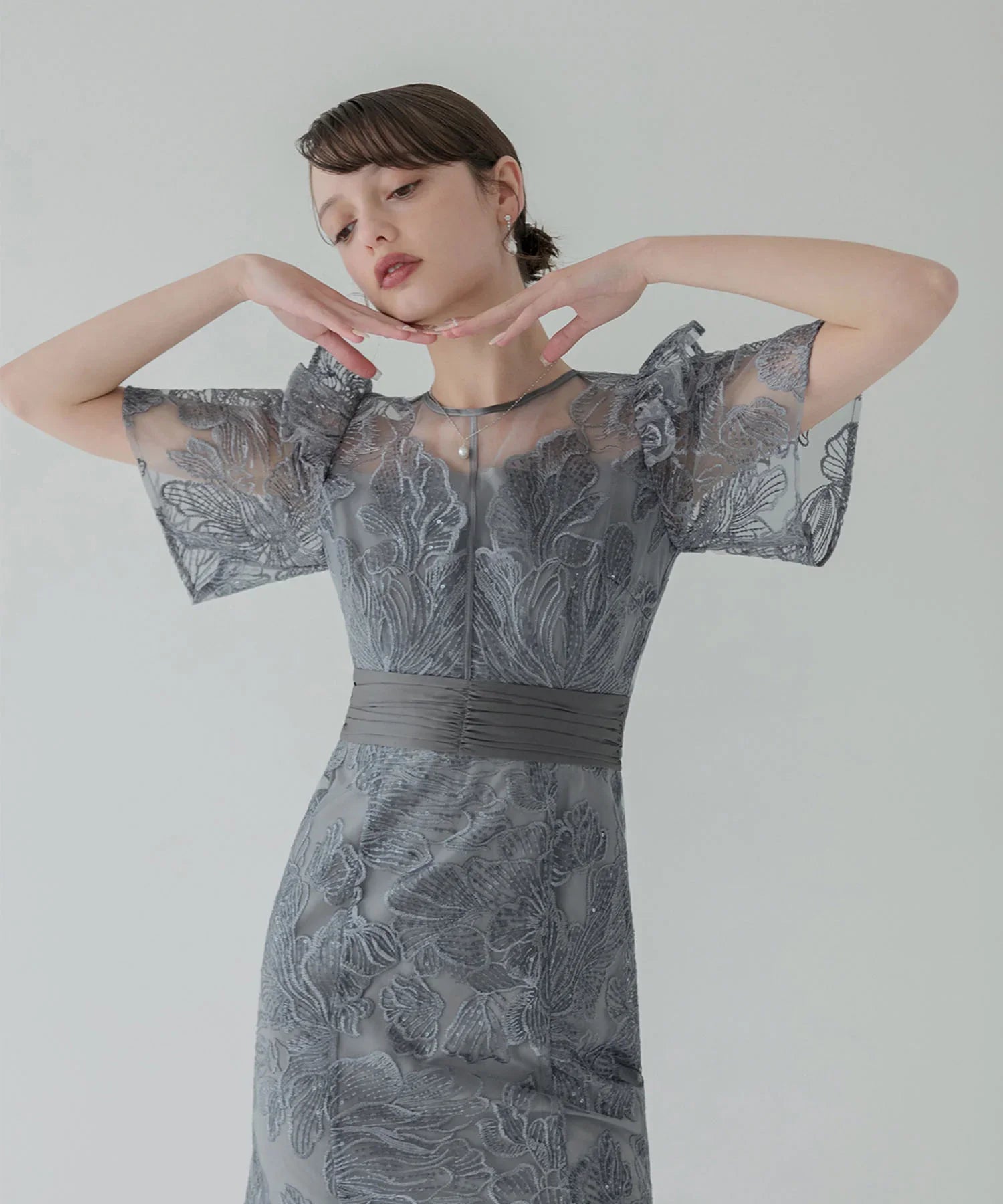 【当日発送】フラワーレースシアーフリルマーメイドワンピースドレス