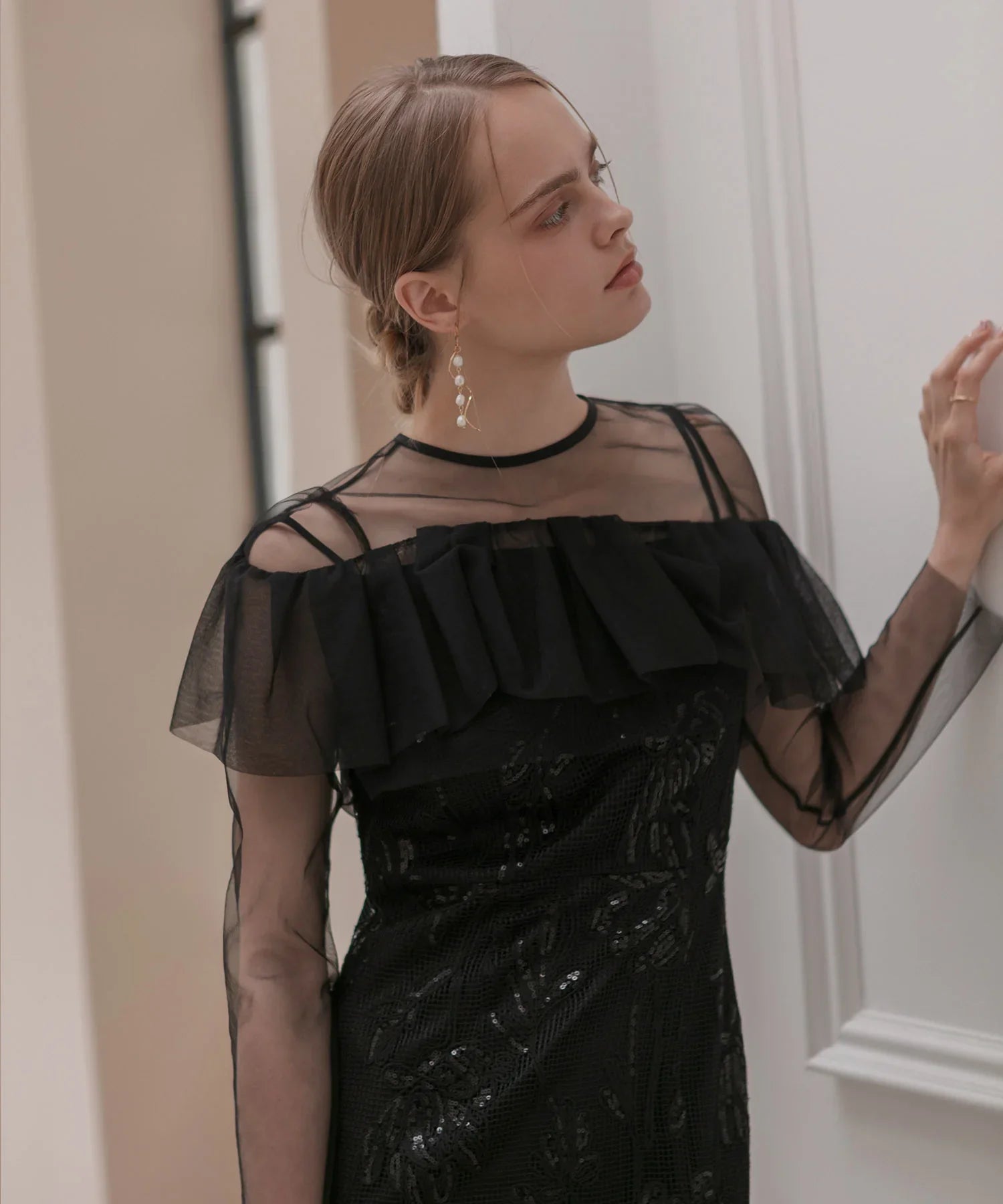 【当日発送】2WAYアシンメトリーフリルチュールフラワーIラインワンピースドレス