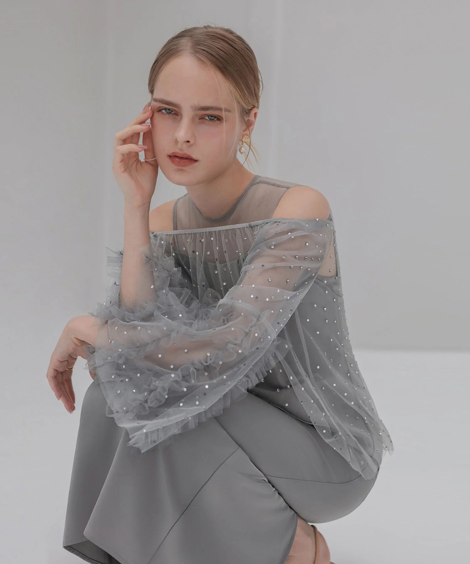 【当日発送】ドットストーンオフショルIラインワンピースドレス