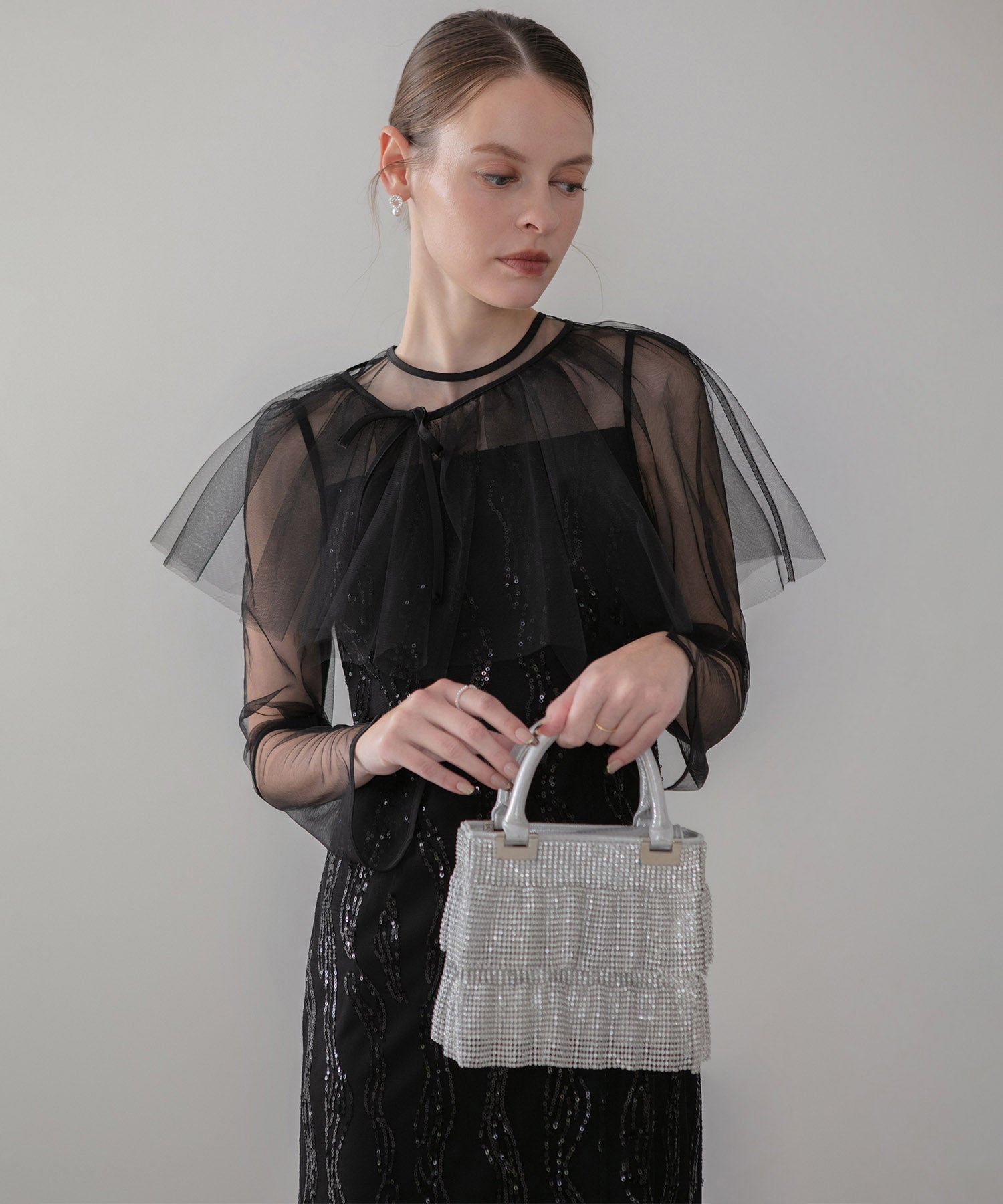 【当日発送】シアーケープスパンコールIラインワンピースドレス