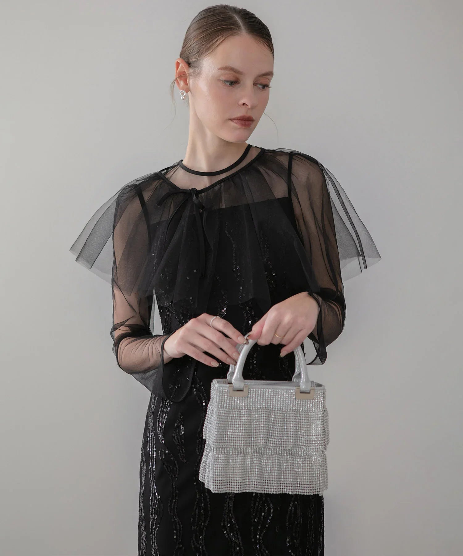 【当日発送】シアーケープスパンコールIラインワンピースドレス