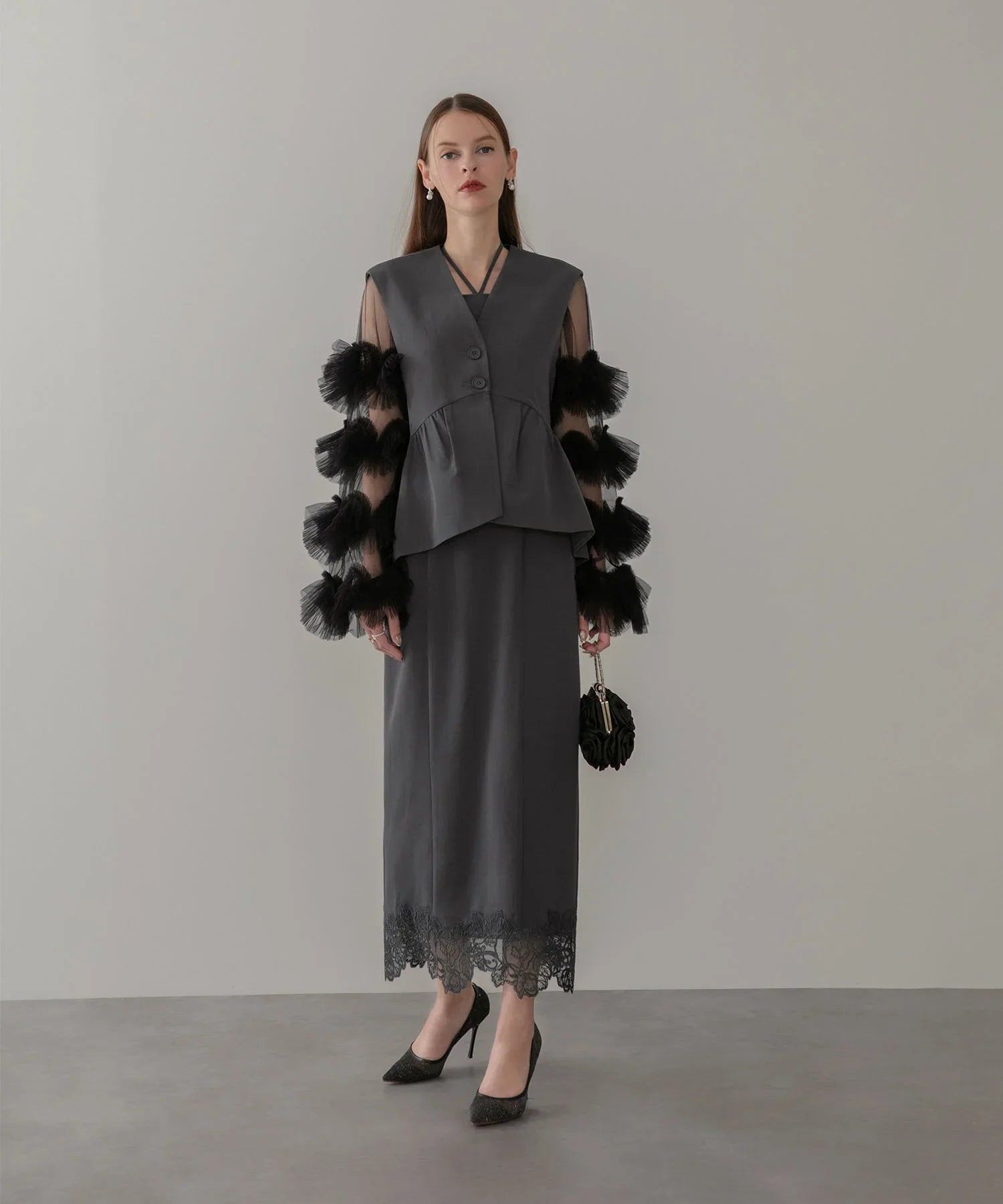 【当日発送】チュールフリルスリーブベストセットワンピースドレス