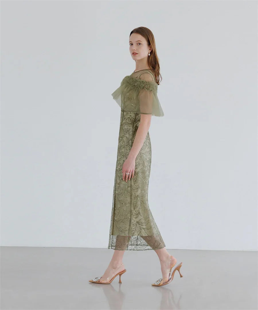 【当日発送】3WAYフラワーチュールアシンメトリーIラインワンピースドレス