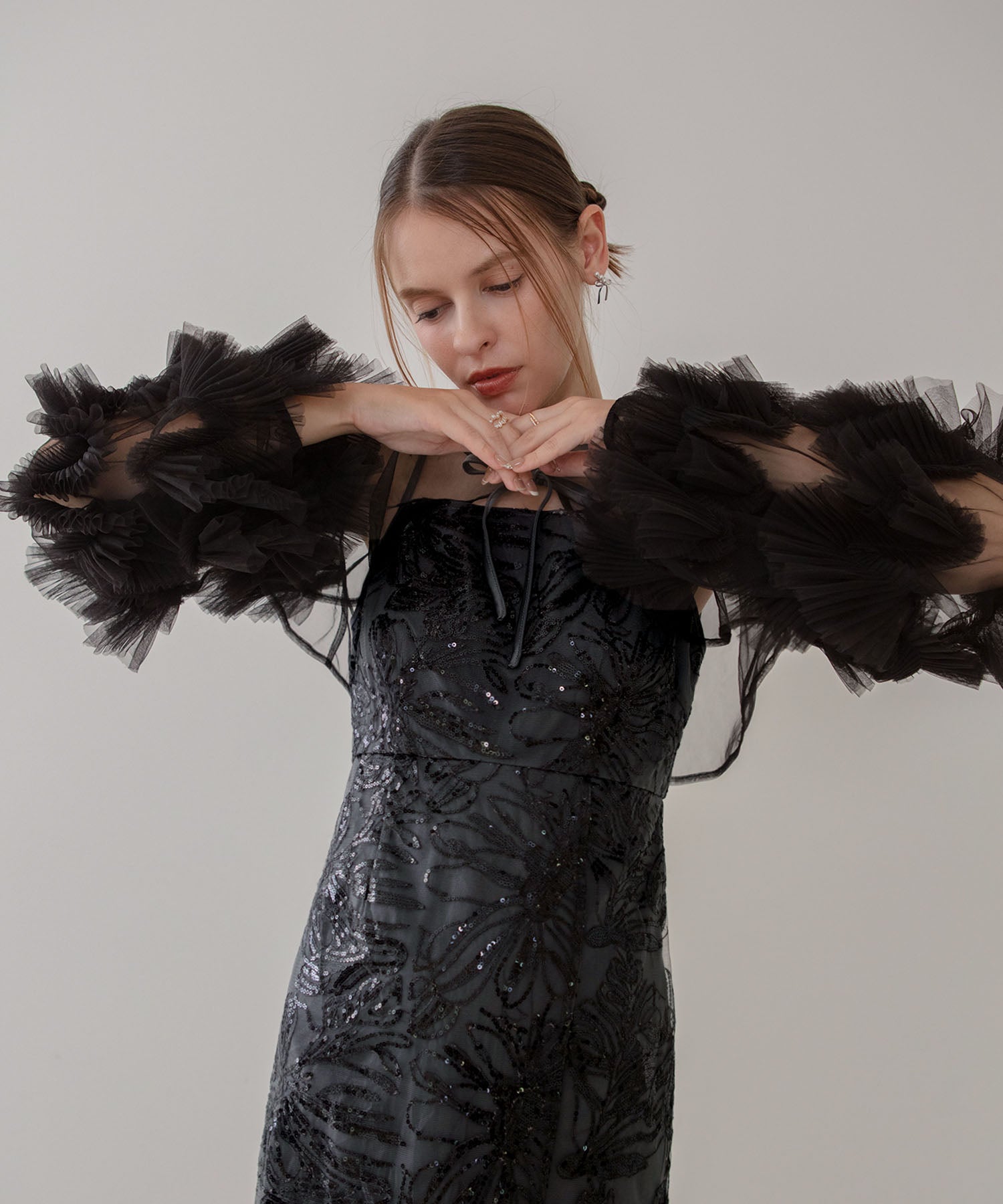 【一部当日発送】フリルチュールスリーブリボンIラインワンピースドレス