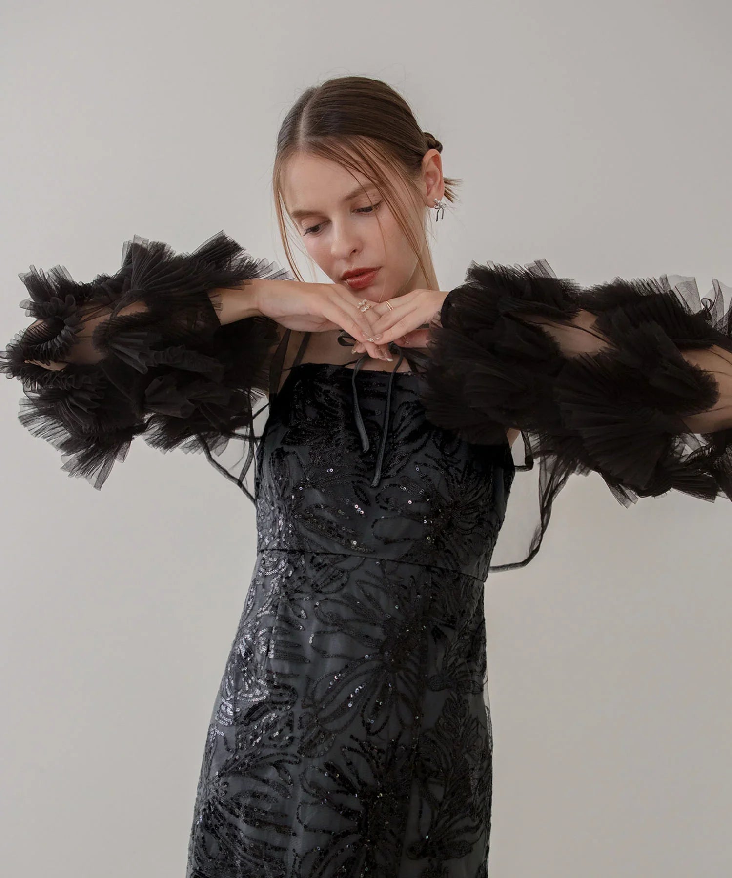 【一部当日発送】フリルチュールスリーブリボンIラインワンピースドレス