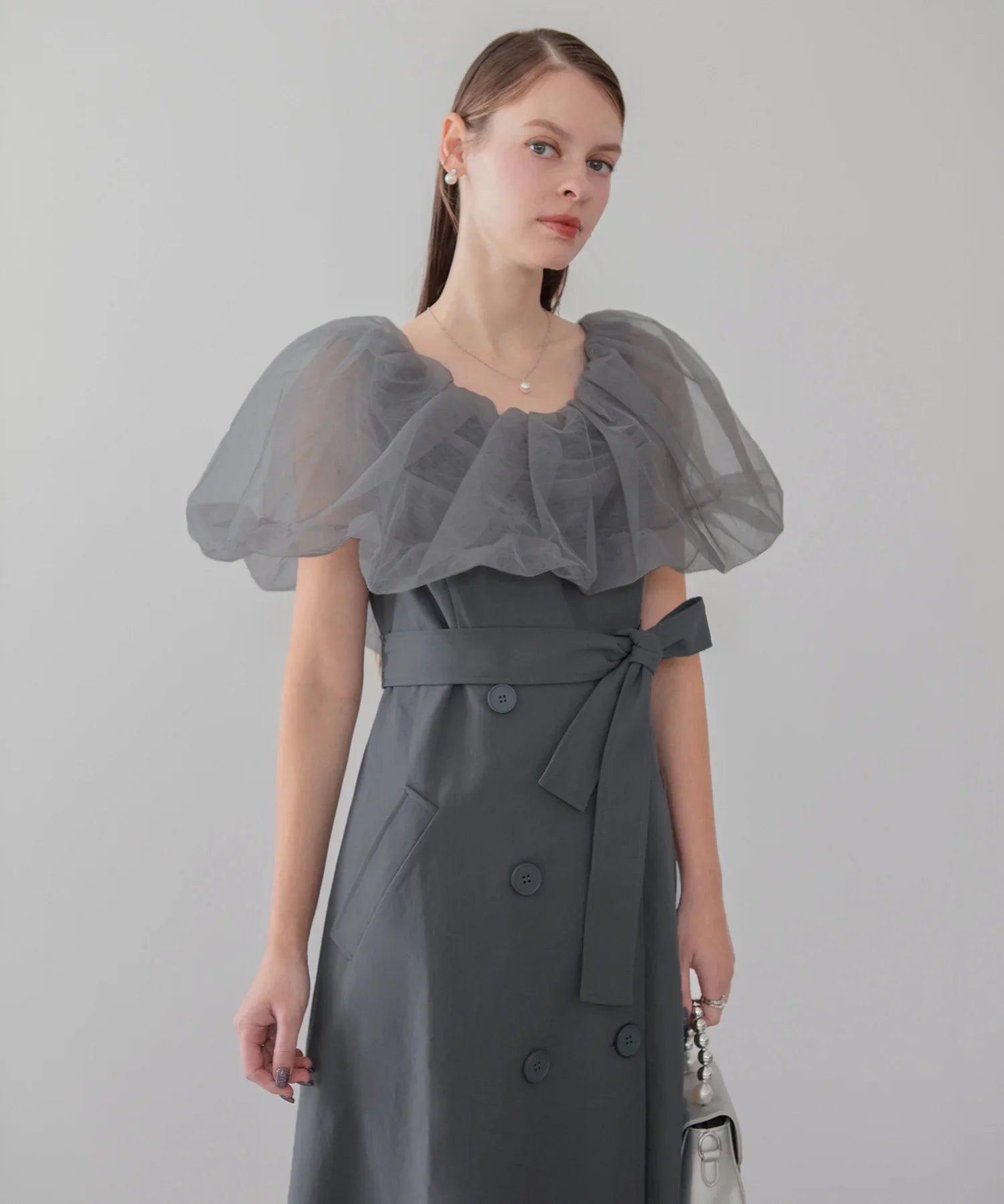 【当日発送】3WAYオフショルチュールトレンチディティールワンピ―スドレス