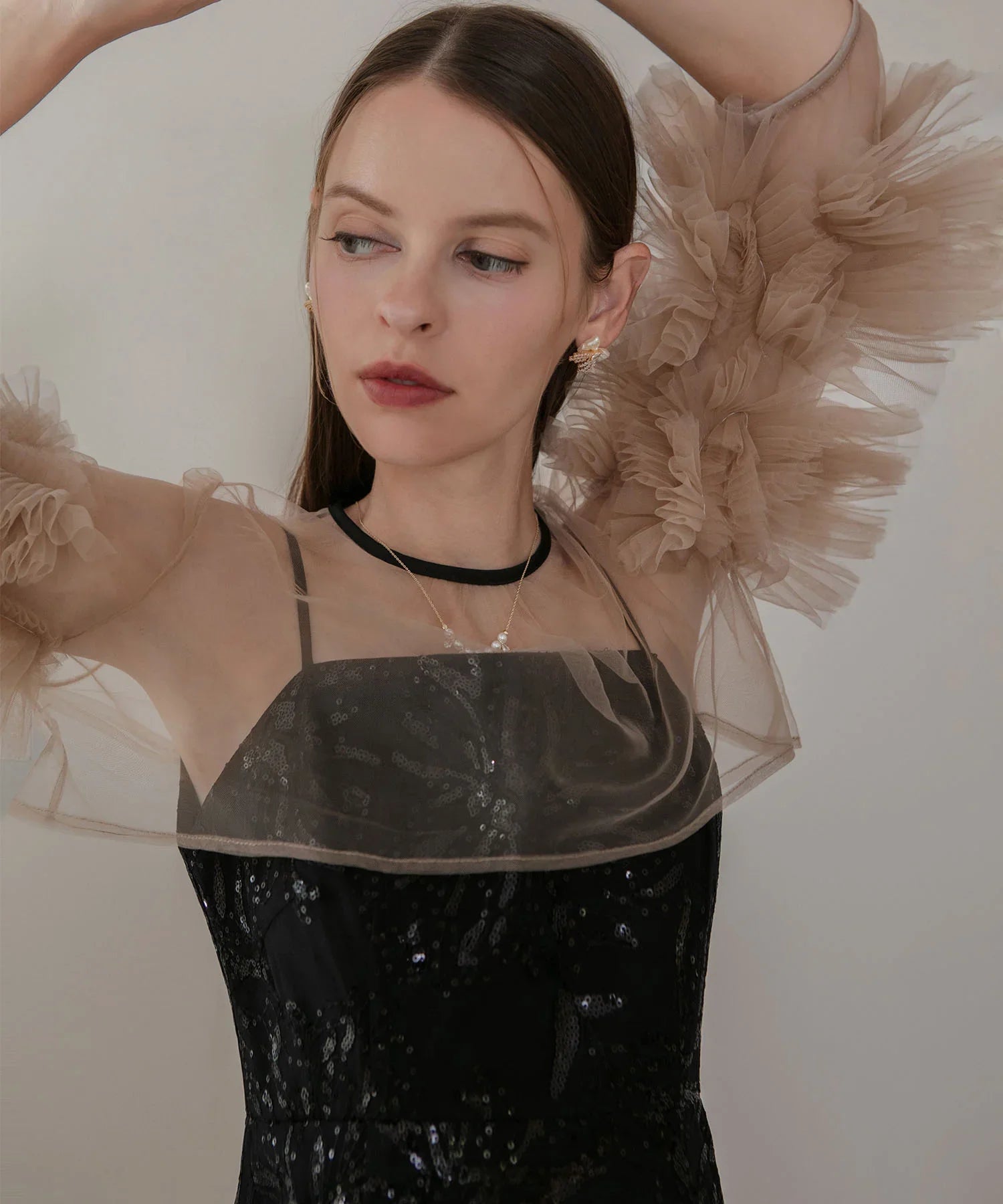 【一部当日発送】フラワースパンコールチュールフリルスリーブIラインワンピースドレス