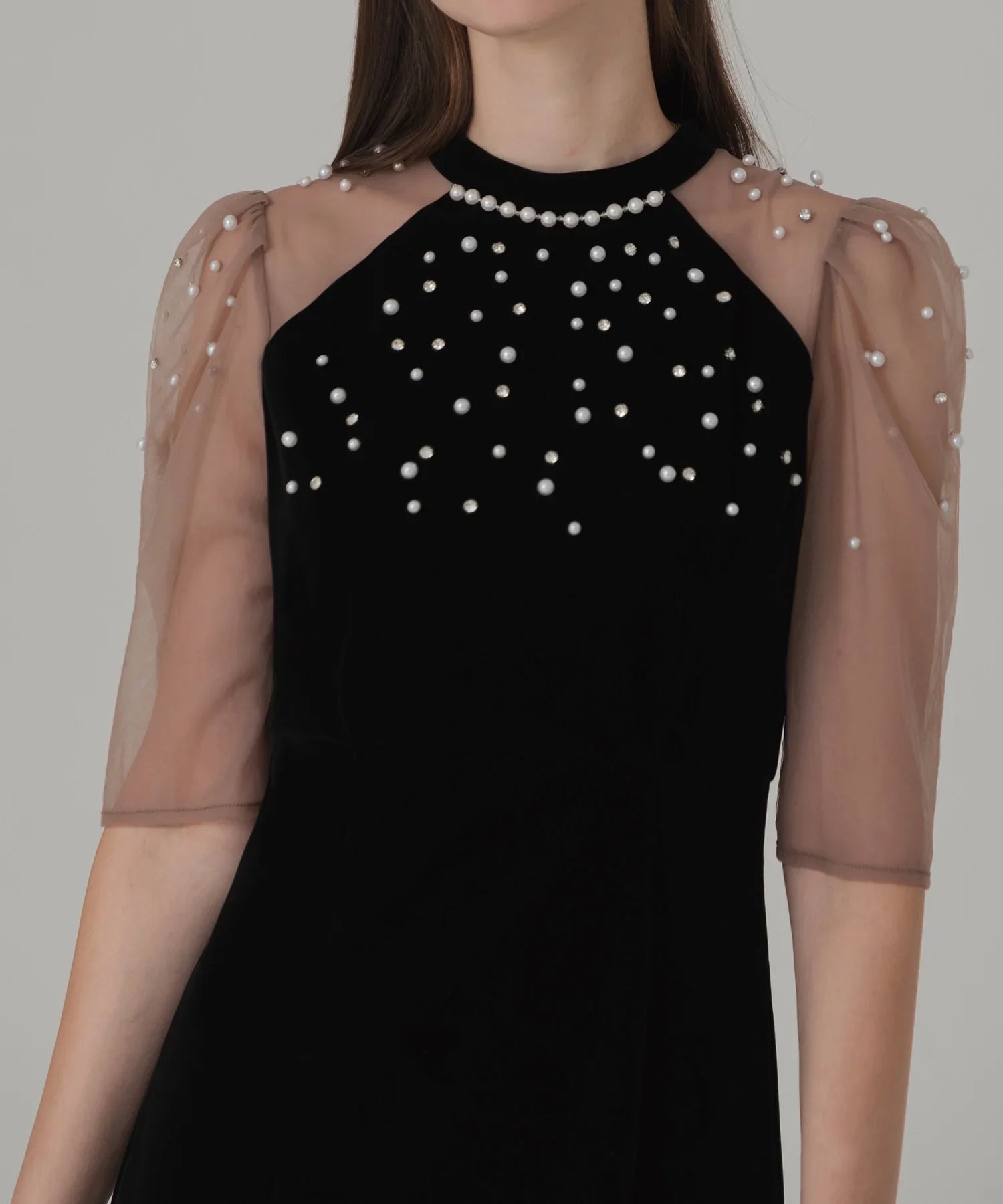 【当日発送】シアースリーブパールビジューベロアマーメイドワンピースドレス