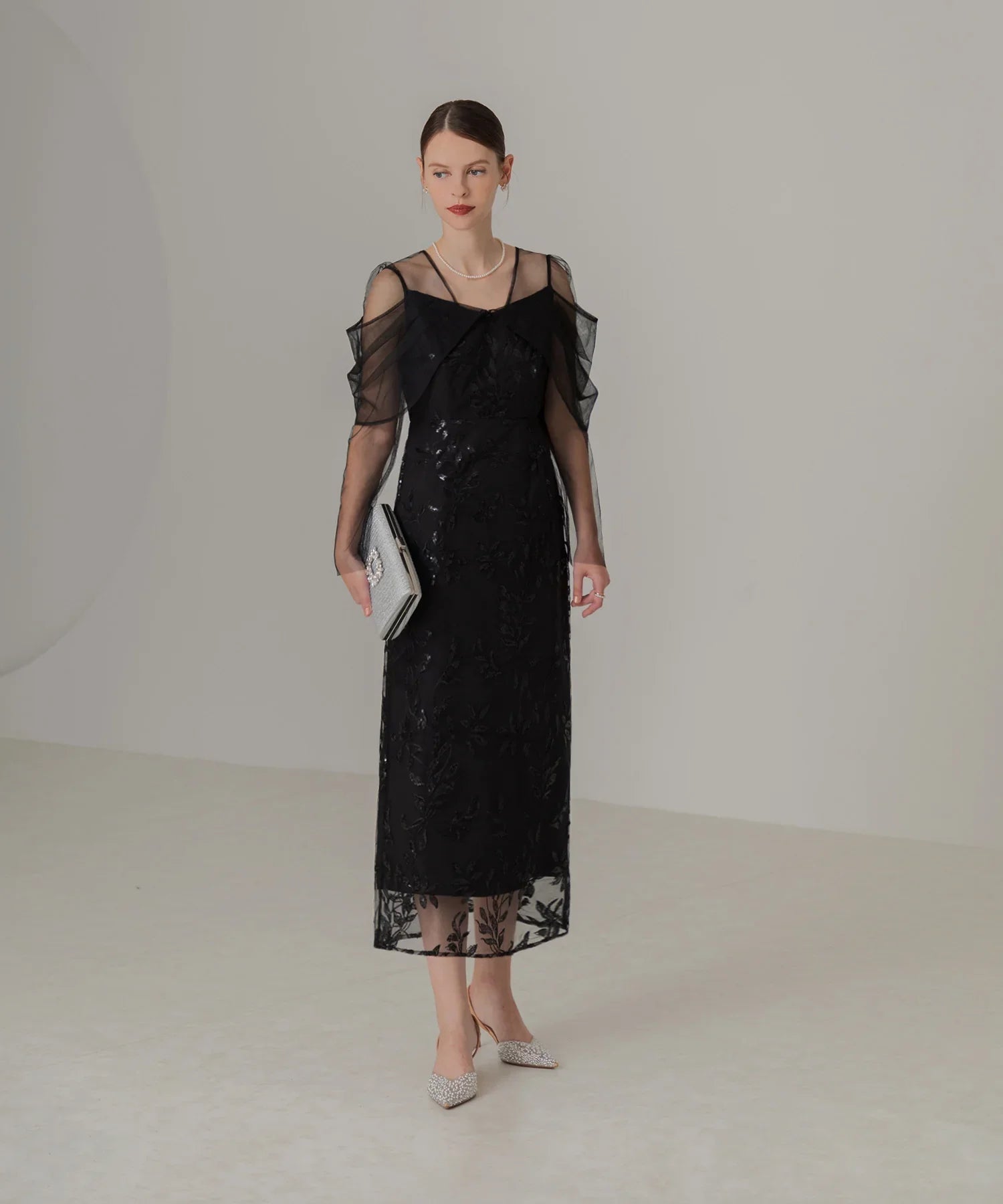 【一部当日発送】チュールロングスリーブリーフIラインワンピースドレス