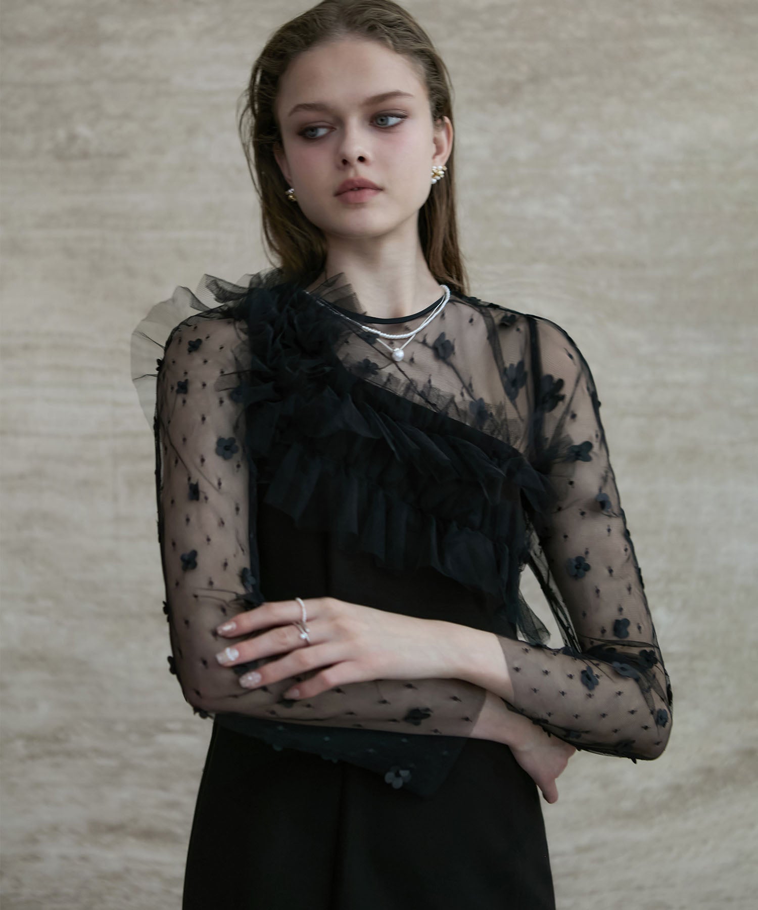 【当日発送】フラワーモチーフアシンメトリーチュールマーメイドワンピースドレス