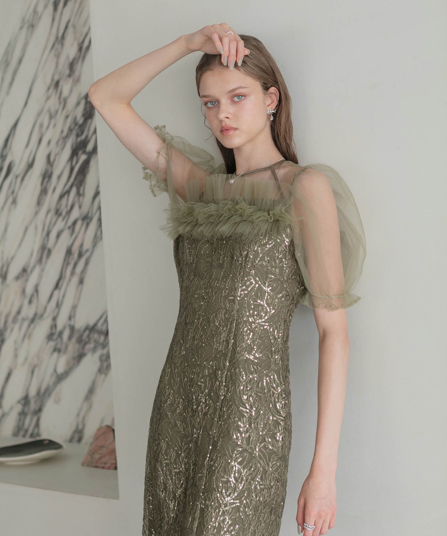 【当日発送】チュールフラワースパンコールIラインワンピースドレス