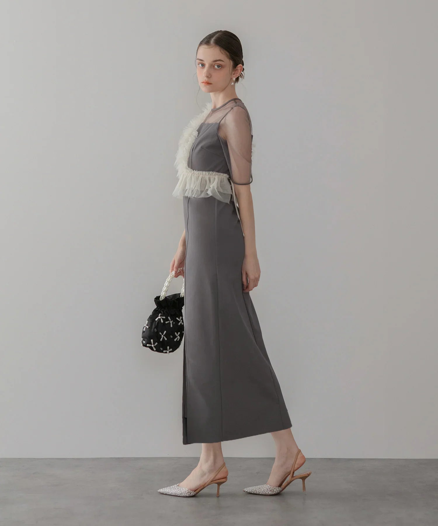 【当日発送】アシンメトリーフリルチュールIラインワンピースドレス