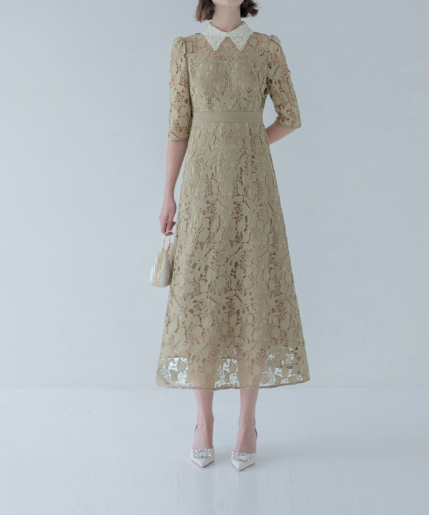 【一部当日発送】花柄レースビジューカラーAラインワンピースドレス