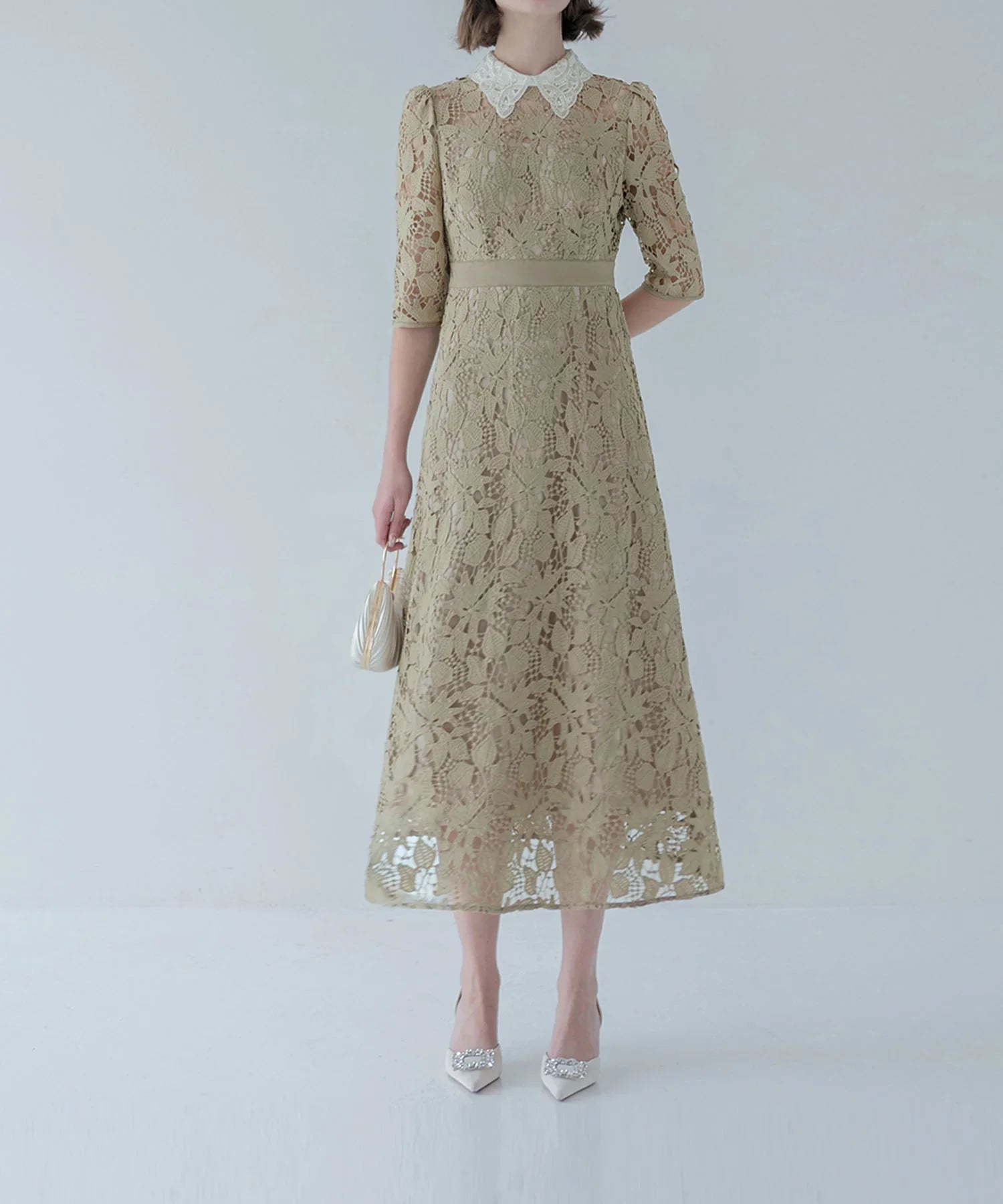 【一部当日発送】花柄レースビジューカラーAラインワンピースドレス