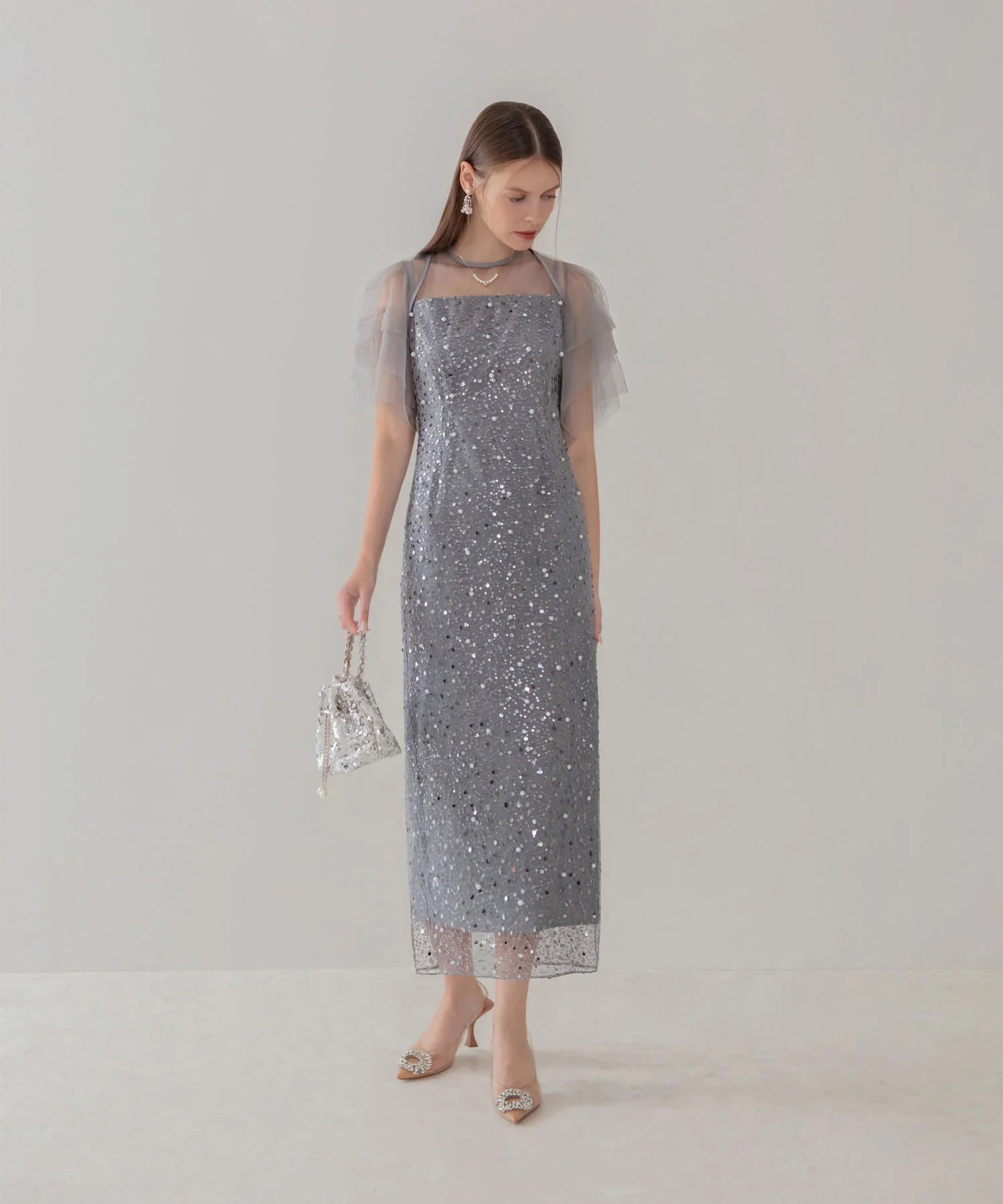 【当日発送】スパンコールパールミックスボレロIラインワンピースドレス