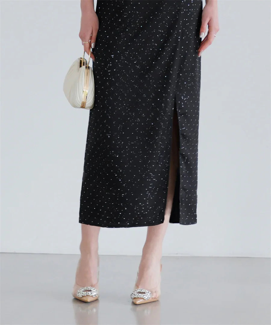 【当日発送】チュールフラワーモチーフドットストーンIラインワンピースドレス