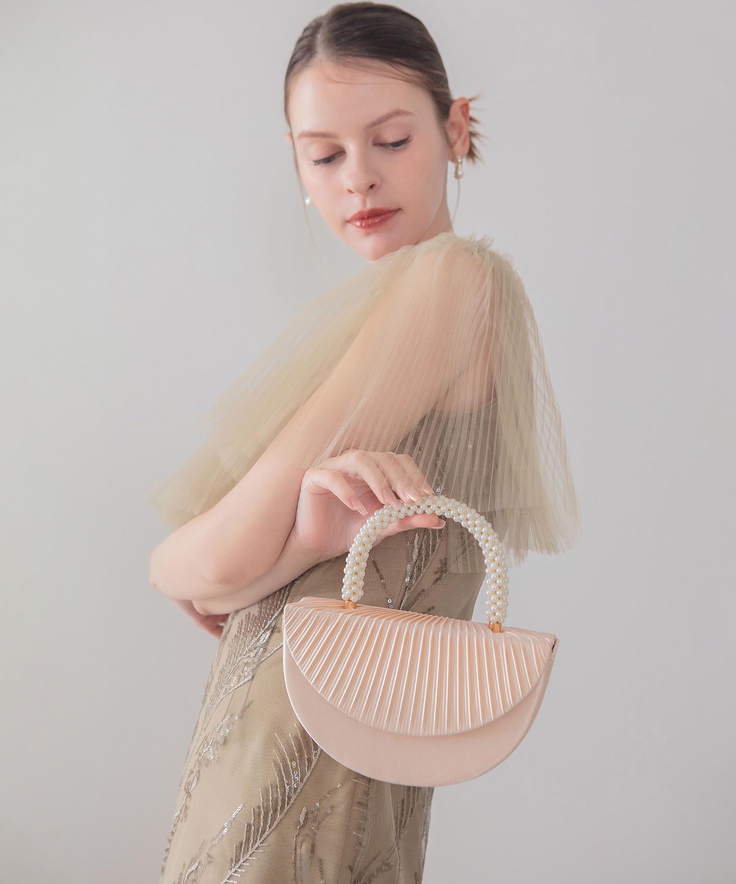 【当日発送】パールハンドルアコーディオンプリーツ2WAYハンドバッグ