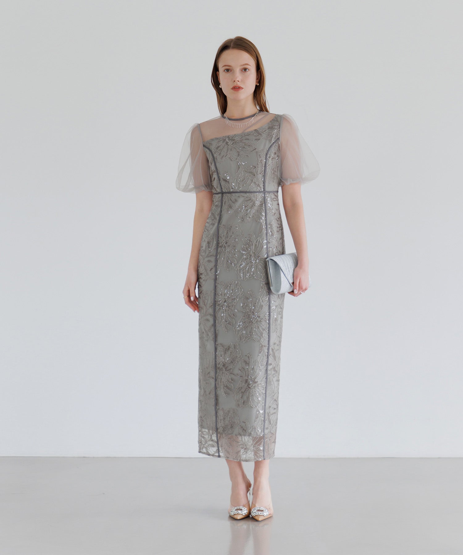 【当日発送】アシンメトリーシアーフラワーワンピースドレス