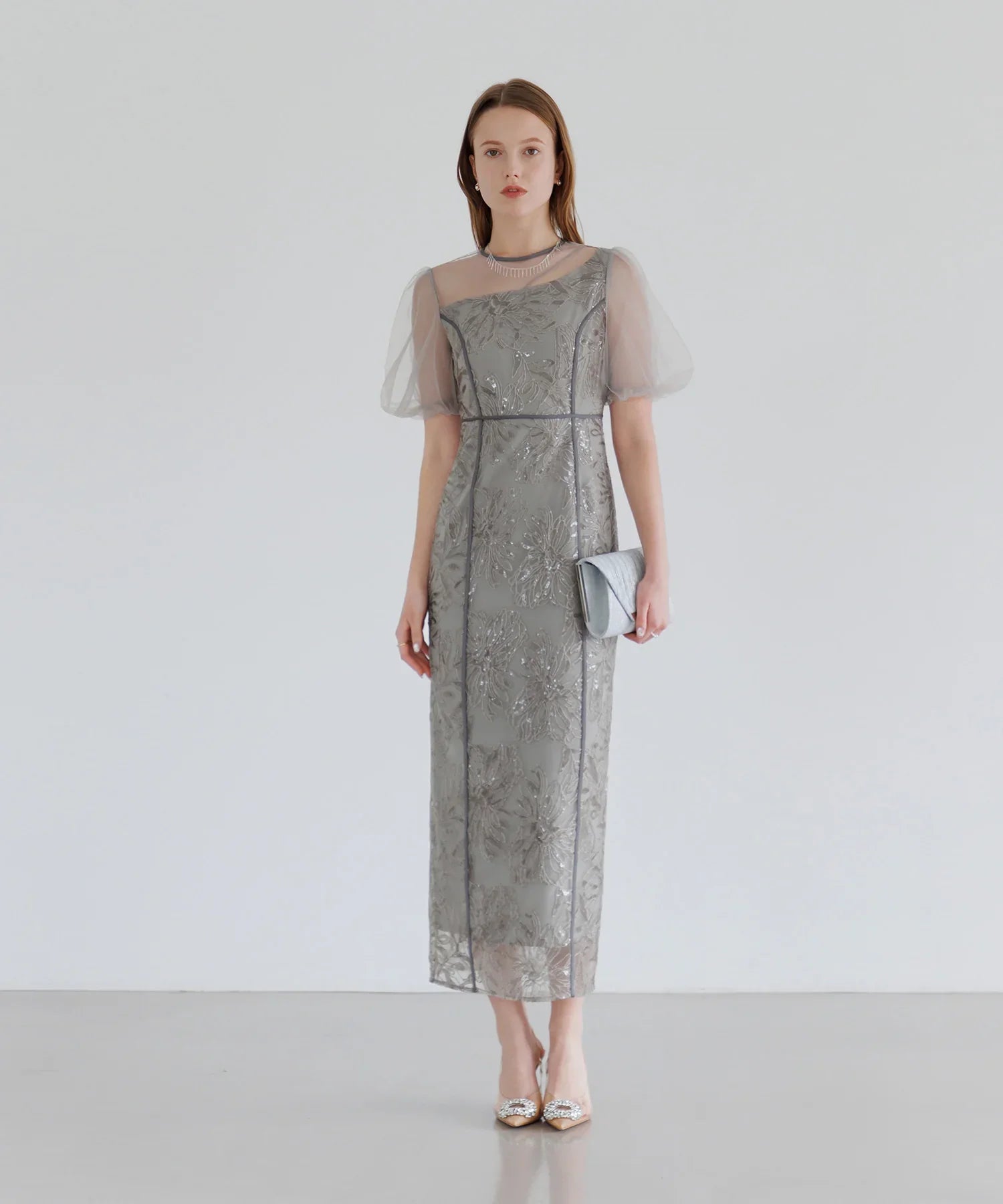 【当日発送】アシンメトリーシアーフラワーワンピースドレス