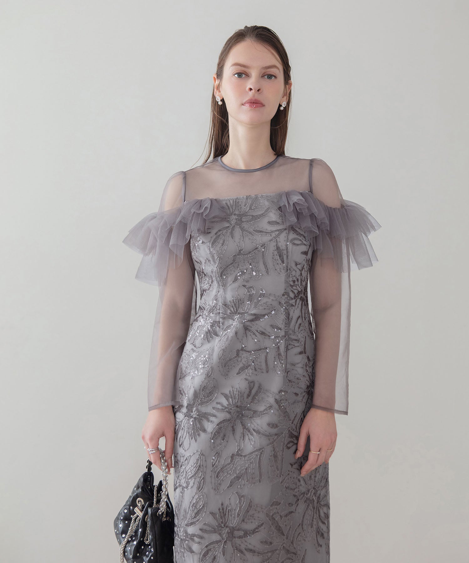 【COMING SOON】フラワースパンコールヘムチュールIラインワンピースドレス