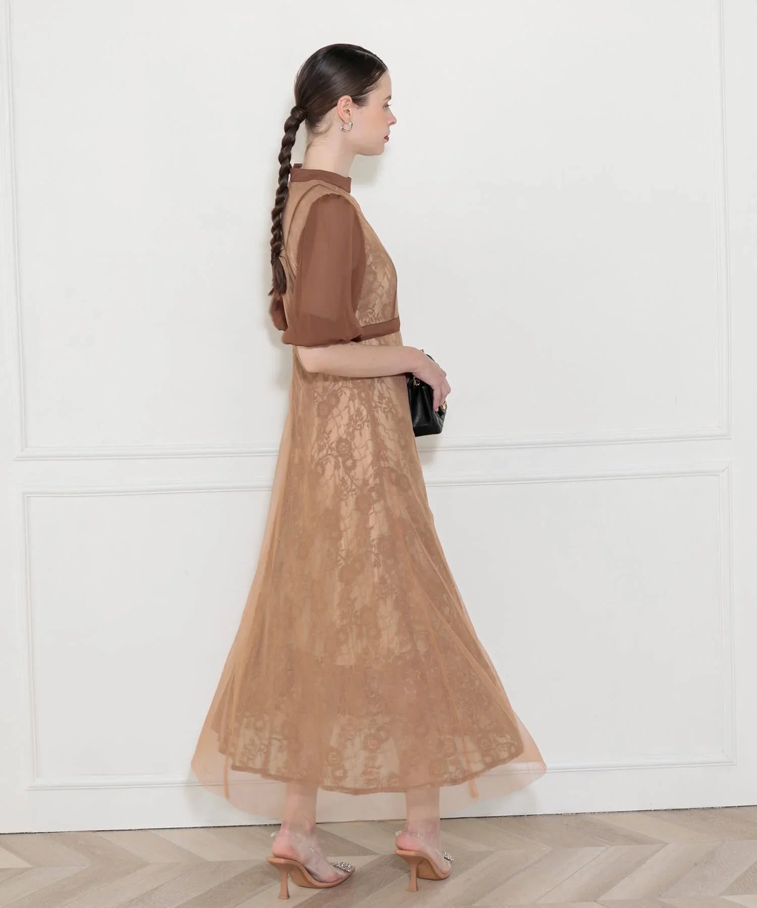 【當天出貨】高腰薄紗蕾絲A字連身裙