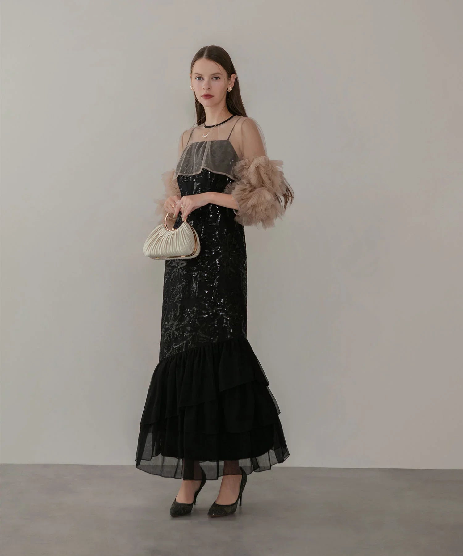 【一部当日発送】フラワースパンコールチュールフリルスリーブIラインワンピースドレス