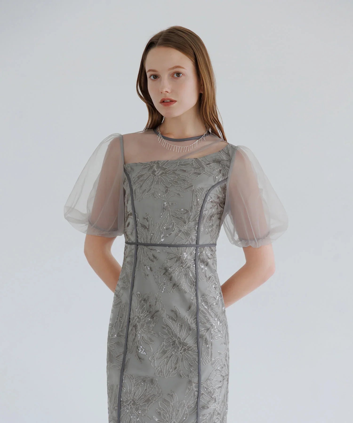 【当日発送】アシンメトリーシアーフラワーワンピースドレス