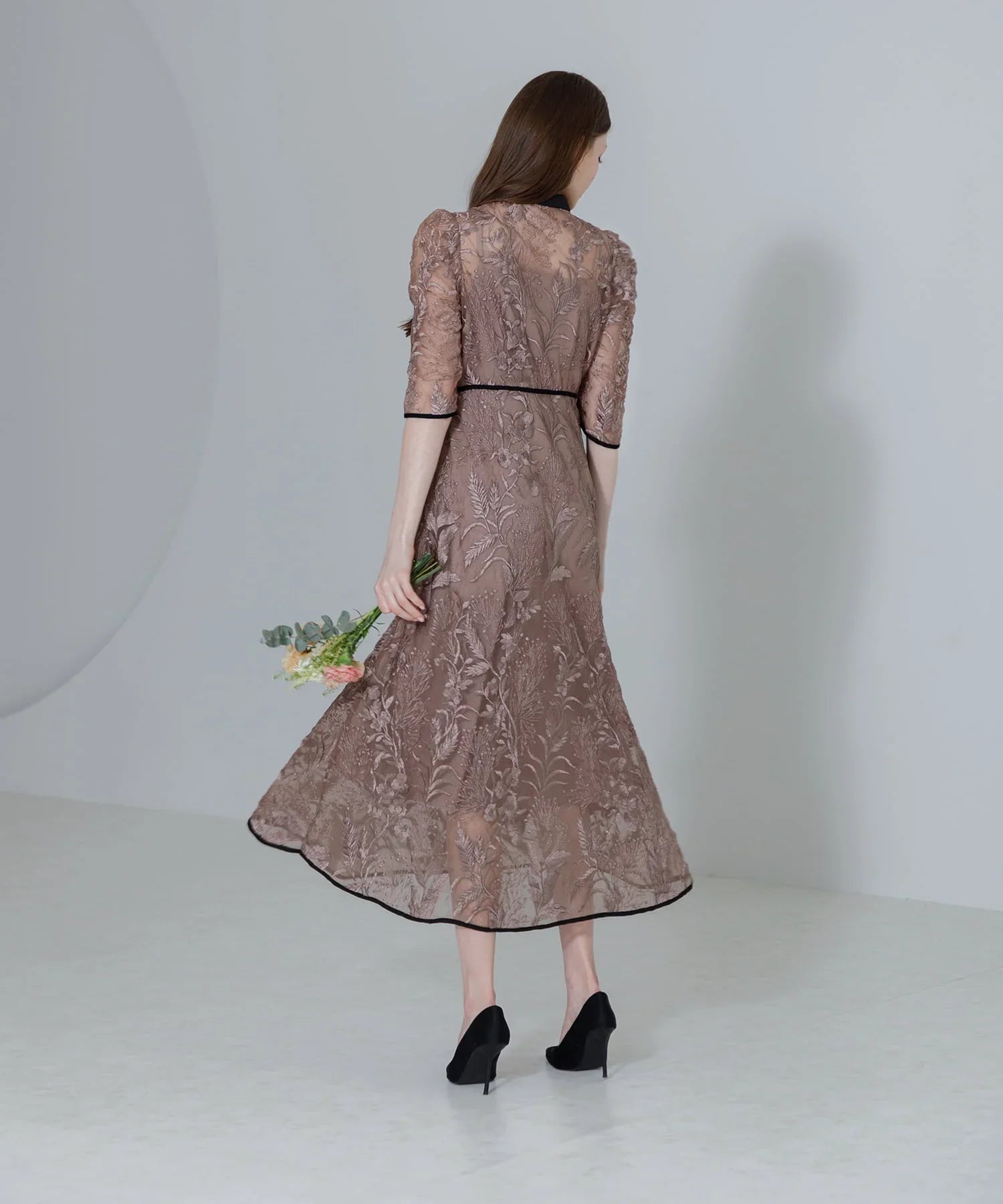 【当日発送】花柄チュールパフスリーブワンピースドレス