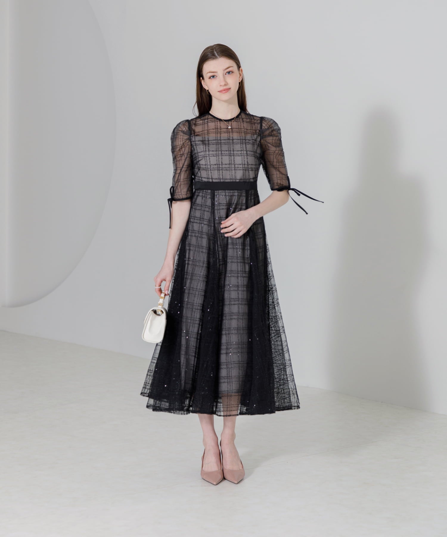 【当日発送】チェックスパンコールリボンワンピースドレス