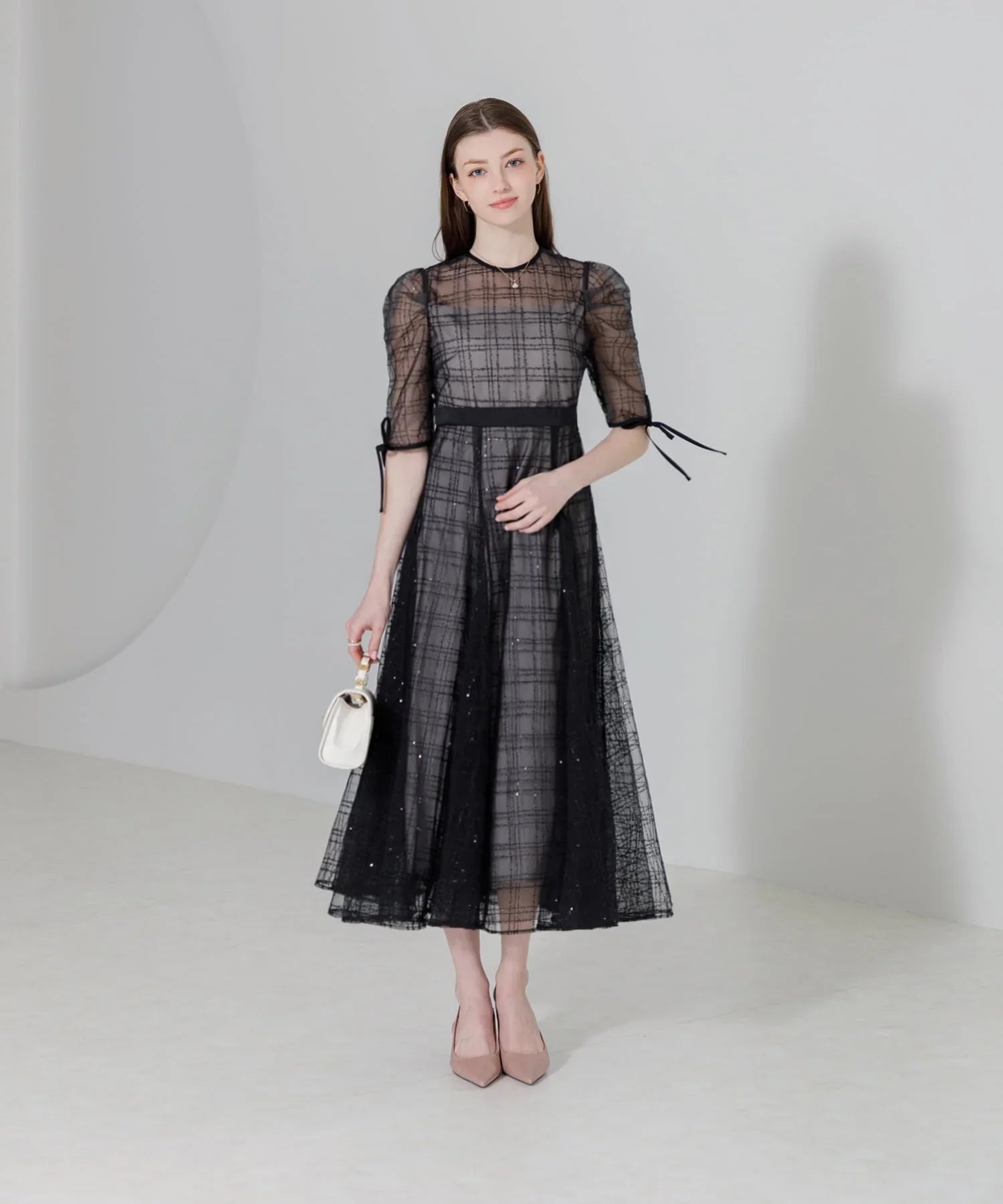 【当日発送】チェックスパンコールリボンワンピースドレス