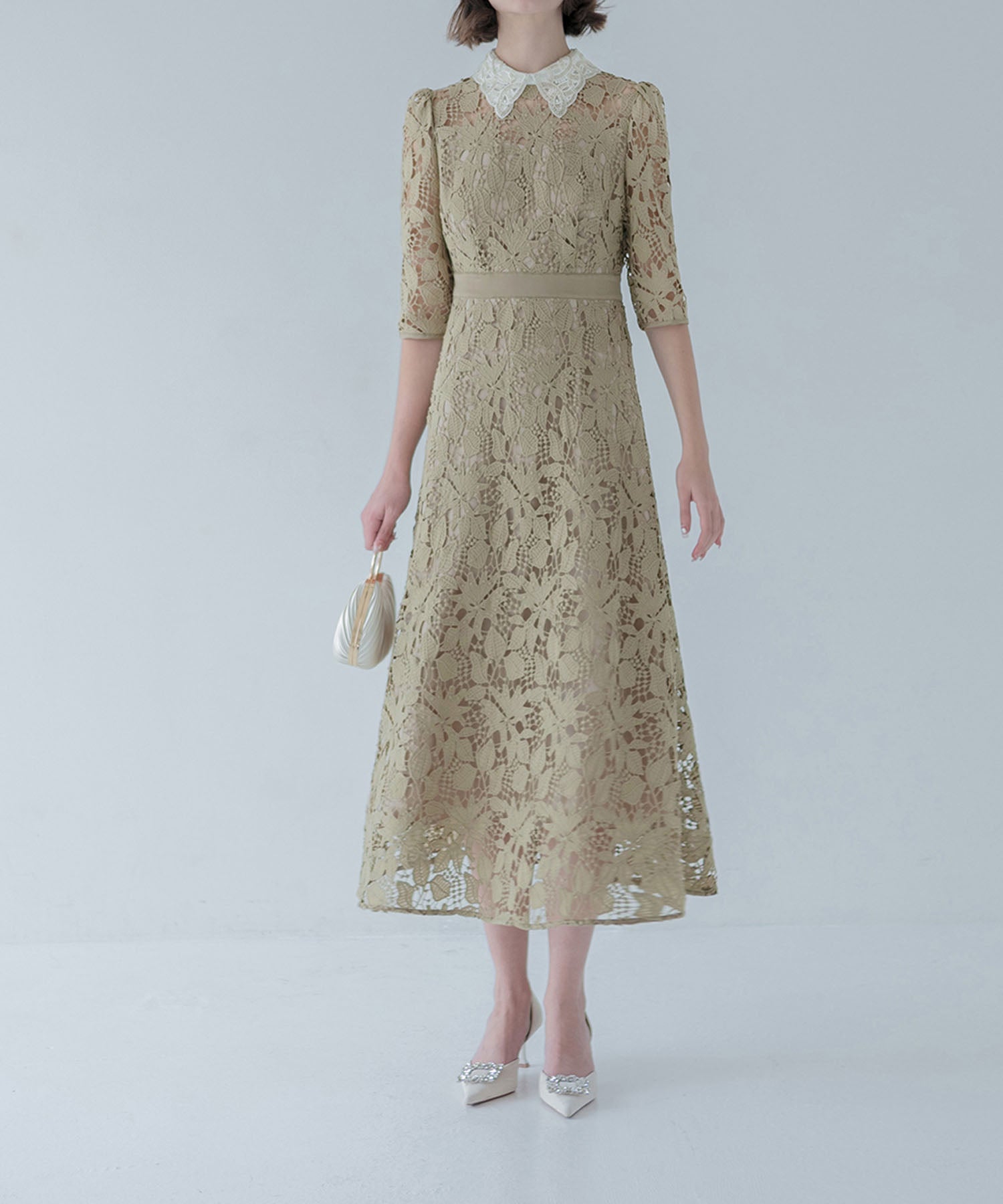 【一部当日発送】花柄レースビジューカラーAラインワンピースドレス