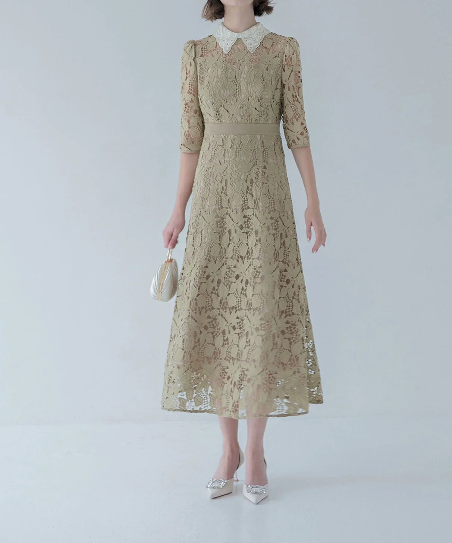 【一部当日発送】花柄レースビジューカラーAラインワンピースドレス