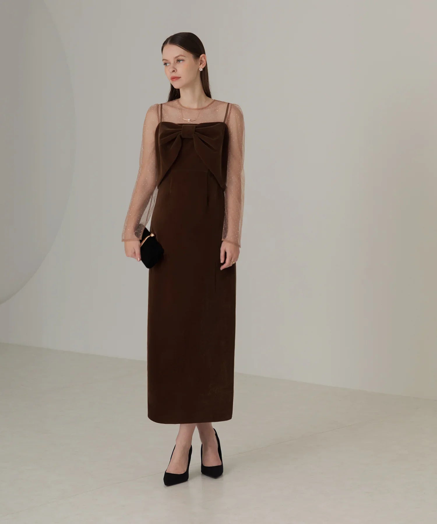 【当日発送】2WAYリボンビスチェドットストーンベロアワンピースドレス