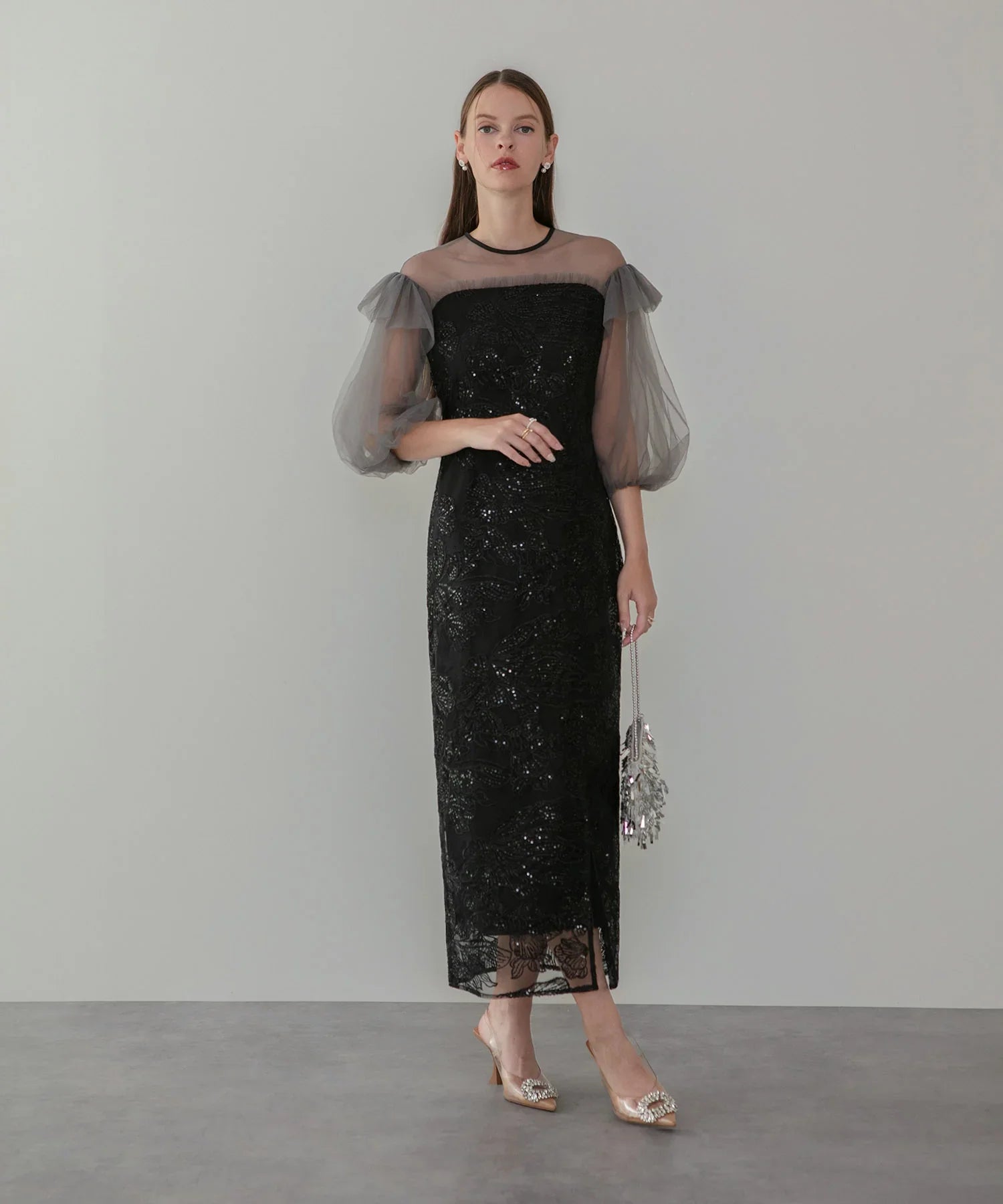 【一部当日発送】フラワースパンコールシアーフリルスリーブIラインワンピースドレス