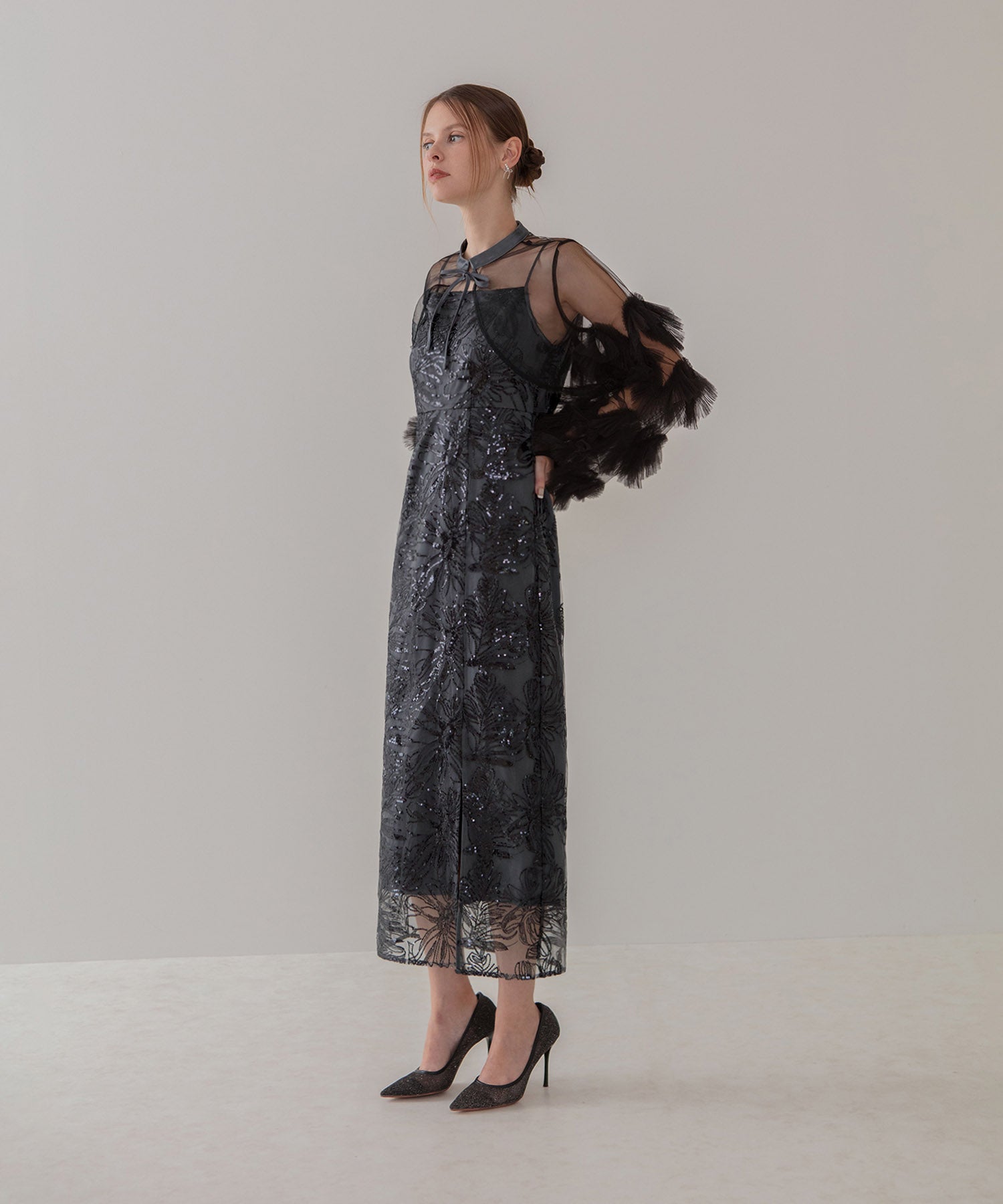 【一部当日発送】フリルチュールスリーブリボンIラインワンピースドレス