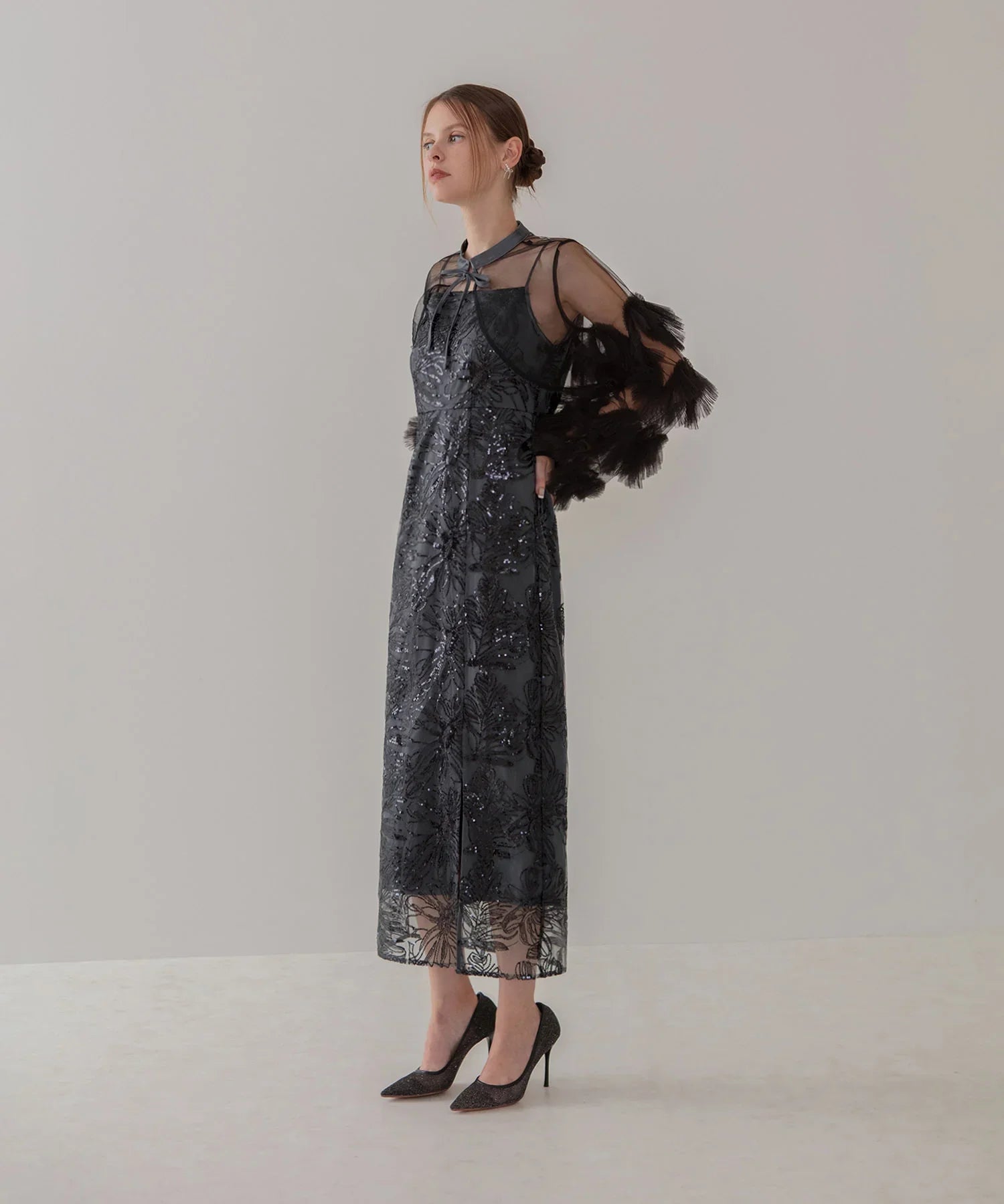 【一部当日発送】フリルチュールスリーブリボンIラインワンピースドレス