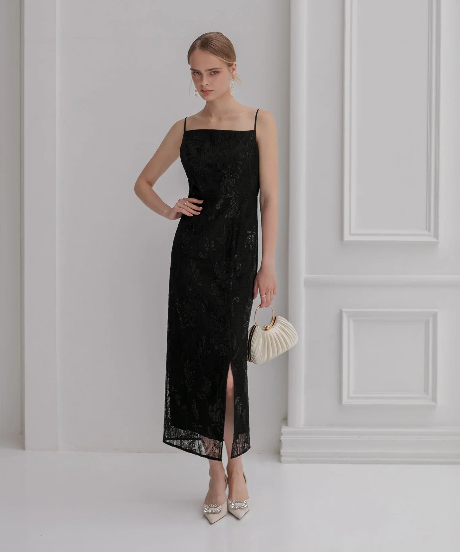 【当日発送】2WAYアシンメトリーフリルチュールフラワーIラインワンピースドレス